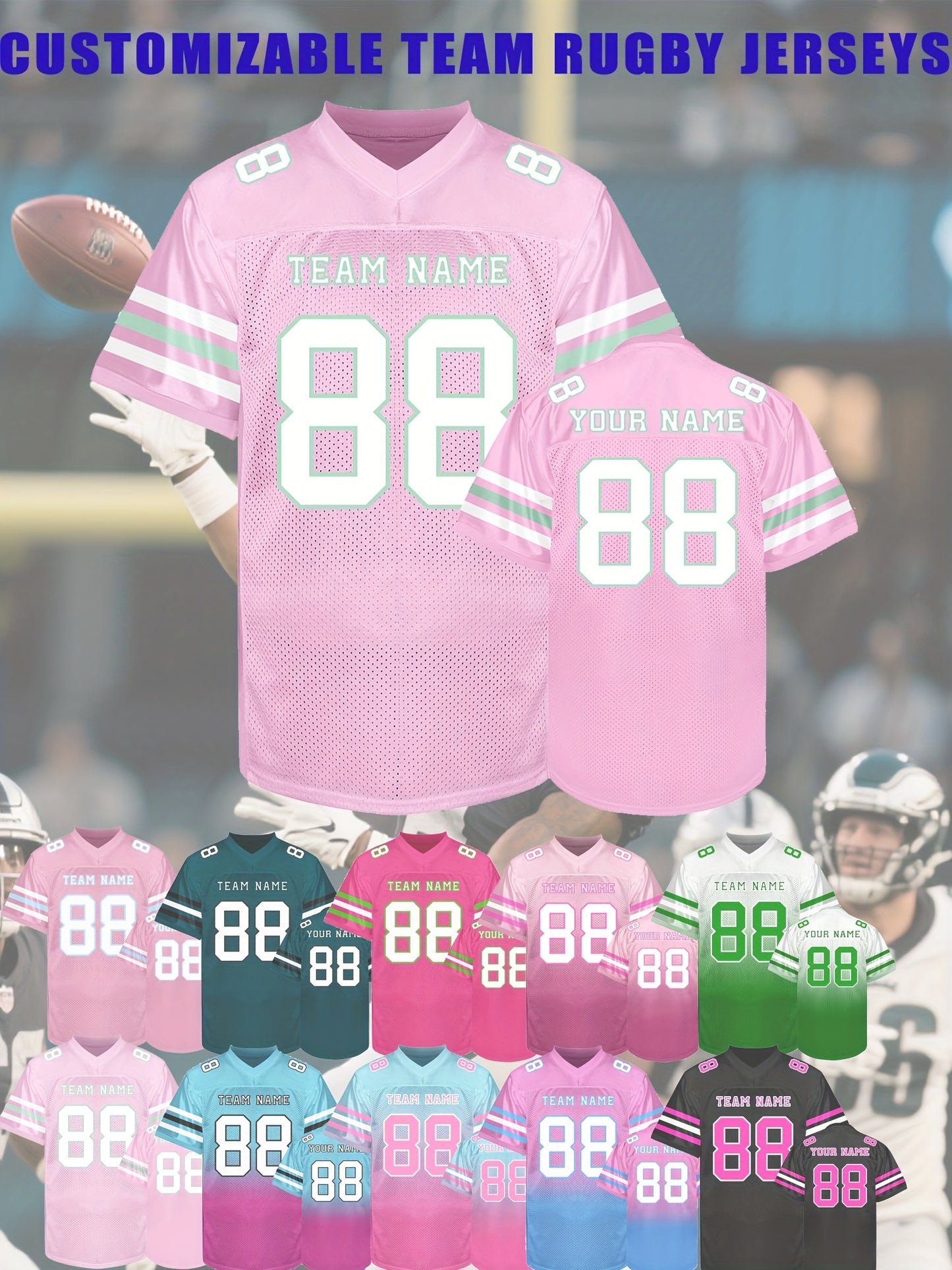 [Custom Rugby Jerseys] Custom Rugby Jerseys - Personalized Name, Number, Team - V-Neck Nylon Button Front - All-Season Comfort Fit - Custom Colors (Black/Pink/Teal/Green/) - for Men, Teams, Sports, Training, Parties, Casual W