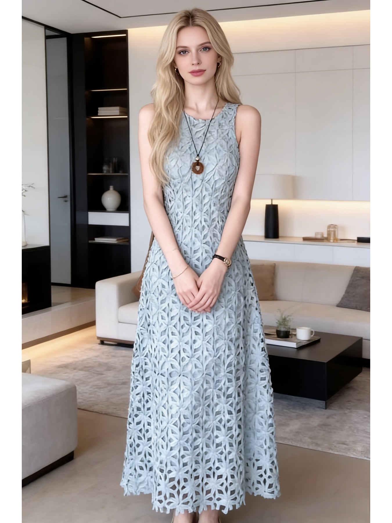 Mint Green Summer Heavy Industry Three-dimensional Floral Hollow-out Dress | Women'S French Gentle Style Temperament Sleeveless Long Dress, Crew Neck, Fit and Flare, Elegant Solid Color Pattern