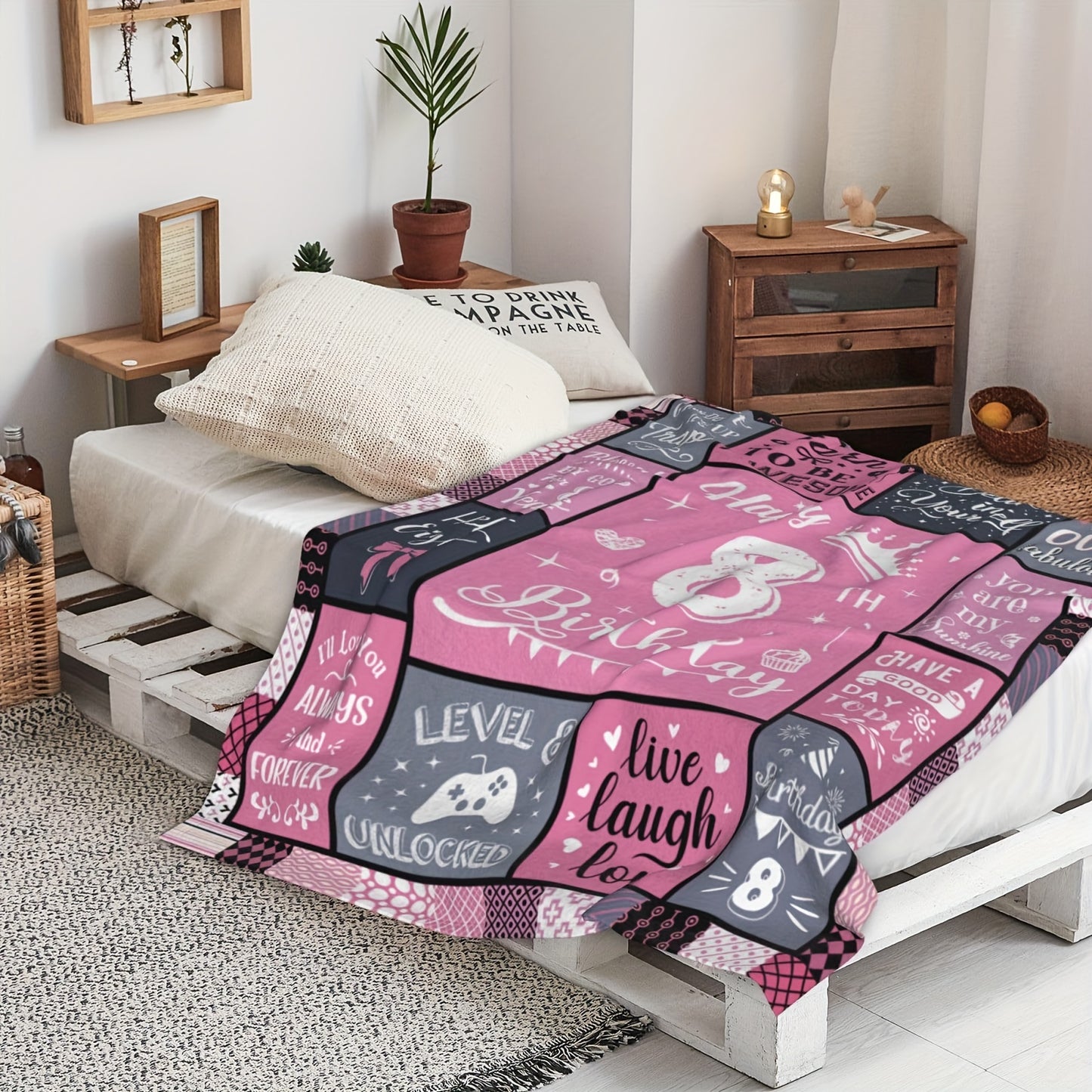 8th Birthday Blanket - Cute & Cozy Flannel Throw with Number 8 & Birthday Phrases, Pink & Girls/Boys Bedding for Pet Beds & Teen Girls/Boys, 280gsm All-Season Soft Gift for 8 Year Olds, Machine Washable Birthday Party Decor