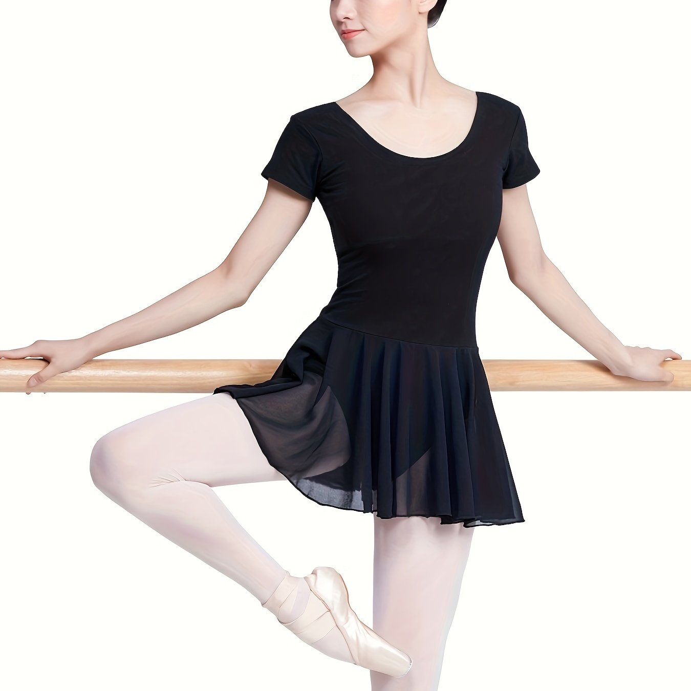 Women's Stretch Skirted Leotard - Elegant Short Sleeve Ballet Dress for Gymnastics & Dance, Round Neck, Black, High-Elasticity Fabric, Non-See-Through, Perfect for Adults