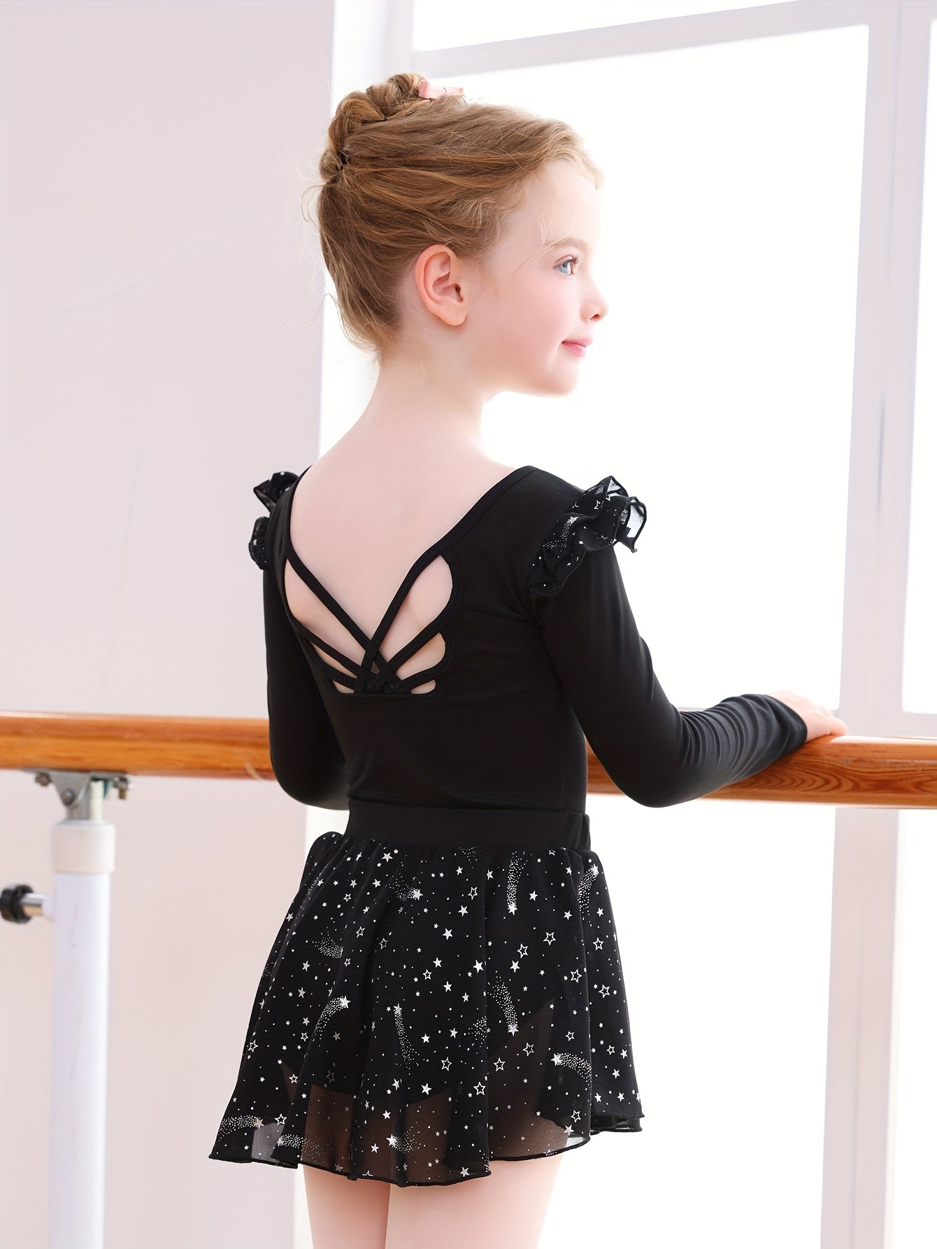 Christmas Gift Girls' Tight Bodysuit & Tulle Skirt Set - Detachable Long Sleeve Ruffle Crisscross Back Silvery Stars, Ballet Gymnastics Dance Outdoor Fall Clothing