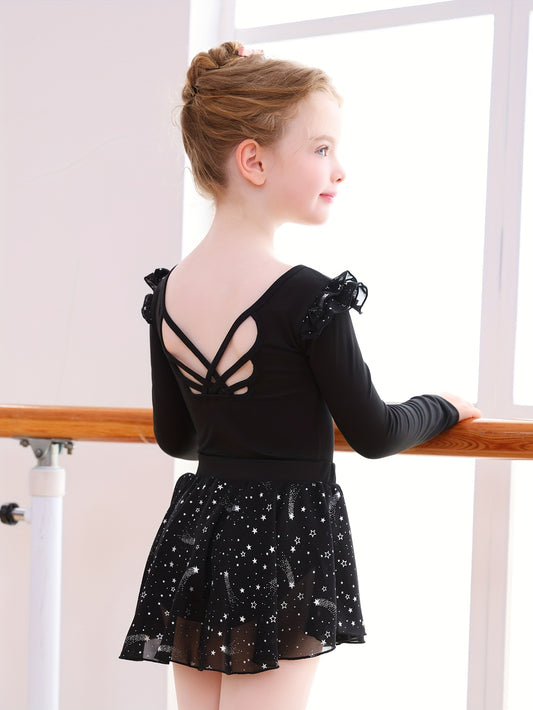 Christmas Gift Girls' Tight Bodysuit & Tulle Skirt Set - Detachable Long Sleeve Ruffle Crisscross Back Silvery Stars, Ballet Gymnastics Dance Outdoor Fall Clothing
