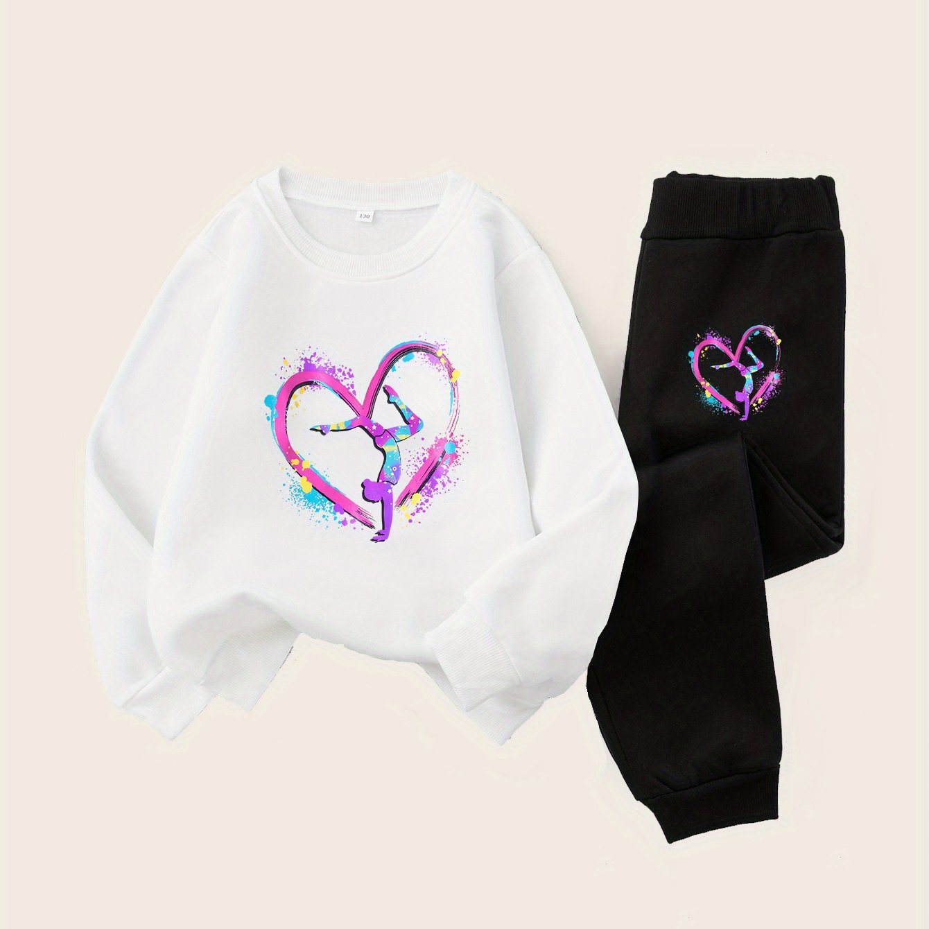 Girls' Cozy Gymnastics Watercolor Print Sweatshirt Set - Black with Vibrant Heart Design, Perfect for Outdoor Activities, Casual Wear, Allseason Comfort, Gymnastics Outfit|Playful Print|Stretchy Fabric