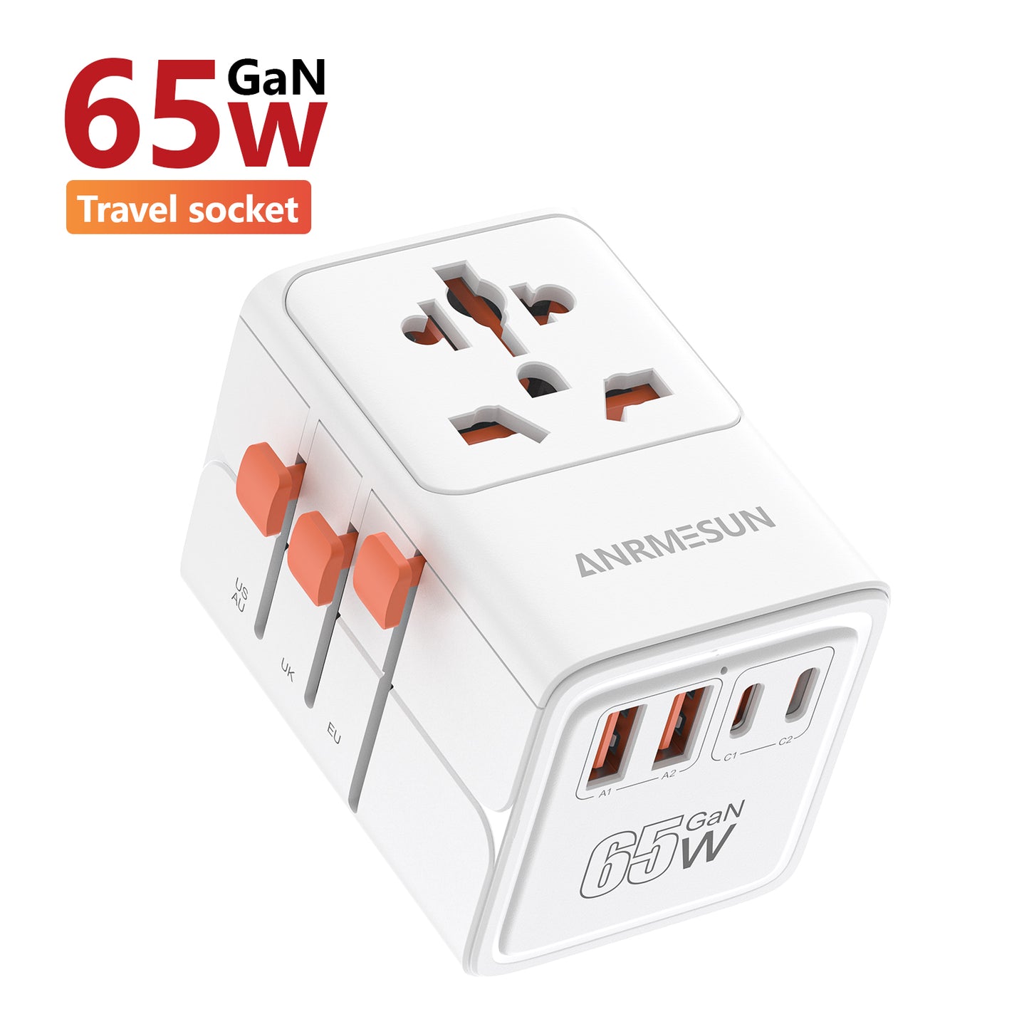 ANRMESUN 65W Travel Adapter with 4-Port USB Charger (2 USB-C) & Global Voltage 100-240V - Heavy Duty Power Adapter with US/EU/UK/AU Plugs, Compact Cube Design, Overload & Short Circuit Protection, Compatible with Europe, UK,
