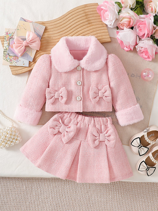 Baby Girl Two Piece Skirt Set With Bow Plush Collar
