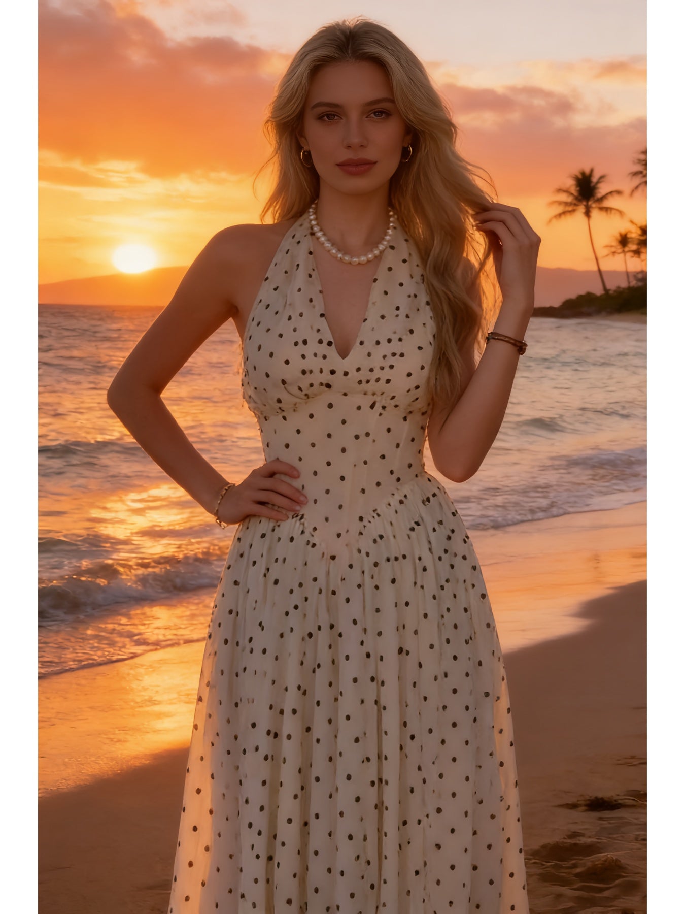 French Polka Dot V-neck Halter Dress | Pure and Seductive Waist-Controlled Big Swing Long Dress, Backless Slim-fit Fairy-like Skirt for Women, Elegant Style for Spring/Summer/Fall