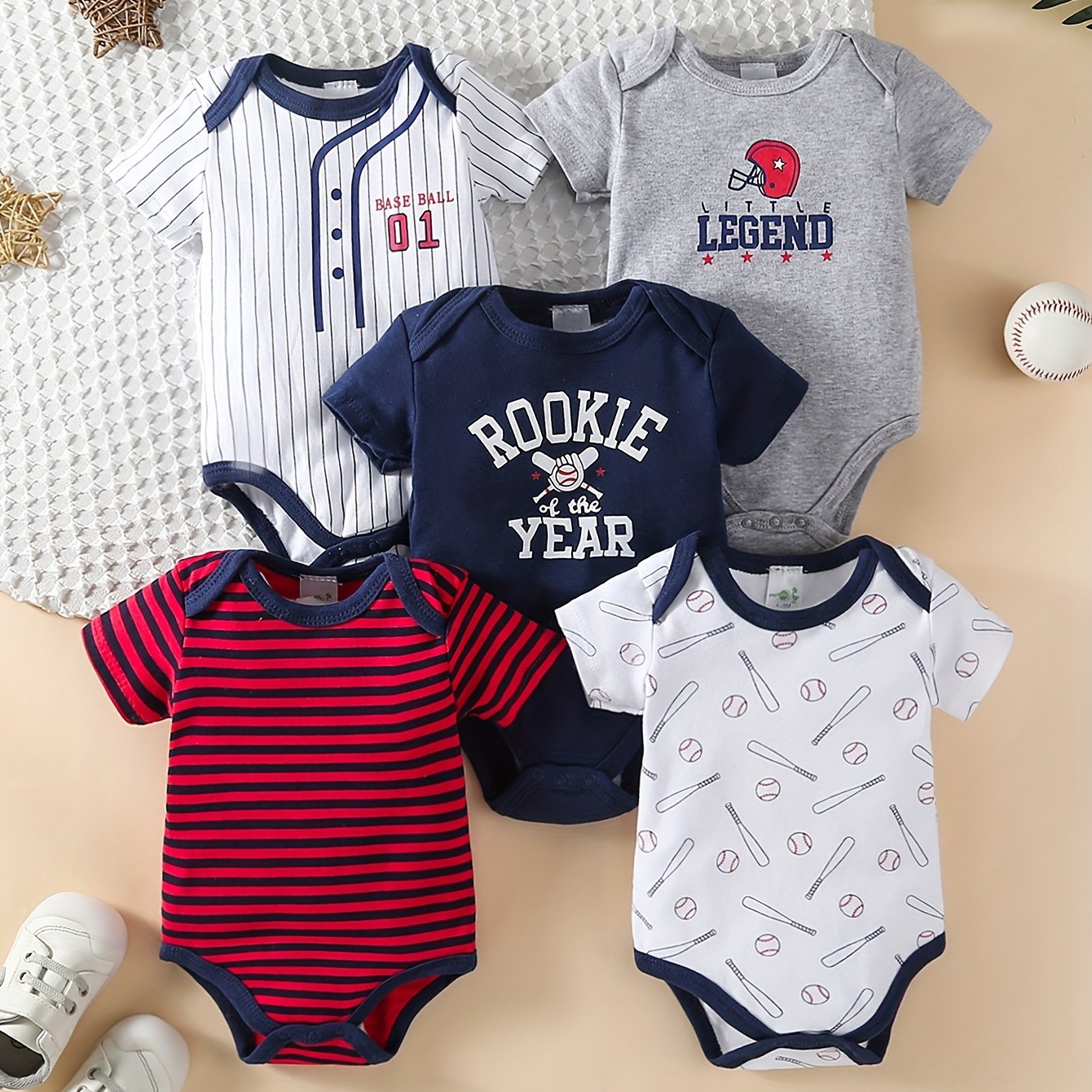PAYIFANG Baby Boys Baseball Theme Rompers Five Piece Set