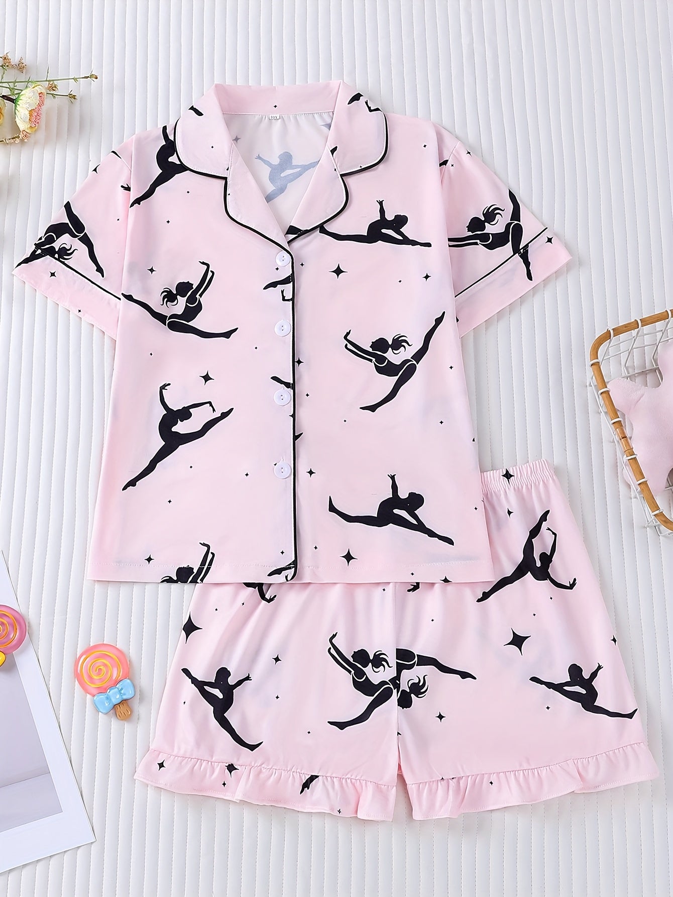 Girls' 2pcs sleeping suit with flame retardant short sleeves, new pink base, cartoon printed dance for little girls, comfortable casual medium and large's wear for parties., Sleepwear For Girls, Dance Party Wear, Short Sleeve