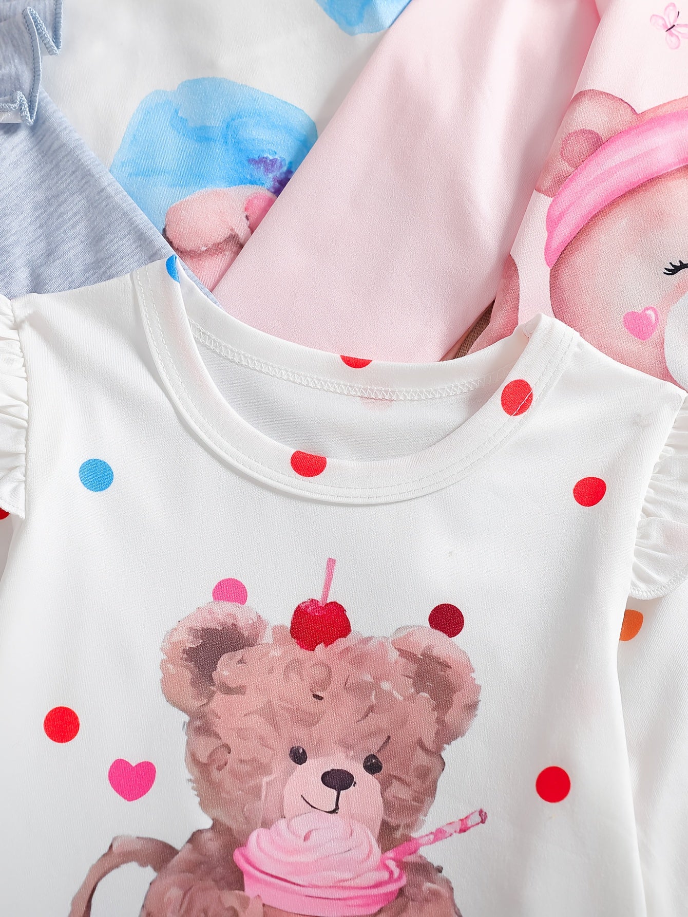 Cute Baby Girl Bear Print Jumpsuit Set With Flying Sleeves