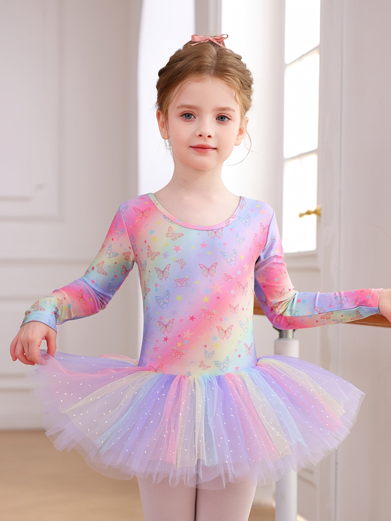 Christmas Gift Girls' Outfit - Long Sleeve Star Rainbow Butterfly Print One-Piece Tulle Puffy Dress, Non-Detachable Fall Ballet Gymnastics Leotard For Daily Wear, Birthday Party, Dance Performance, Outdoor Sports