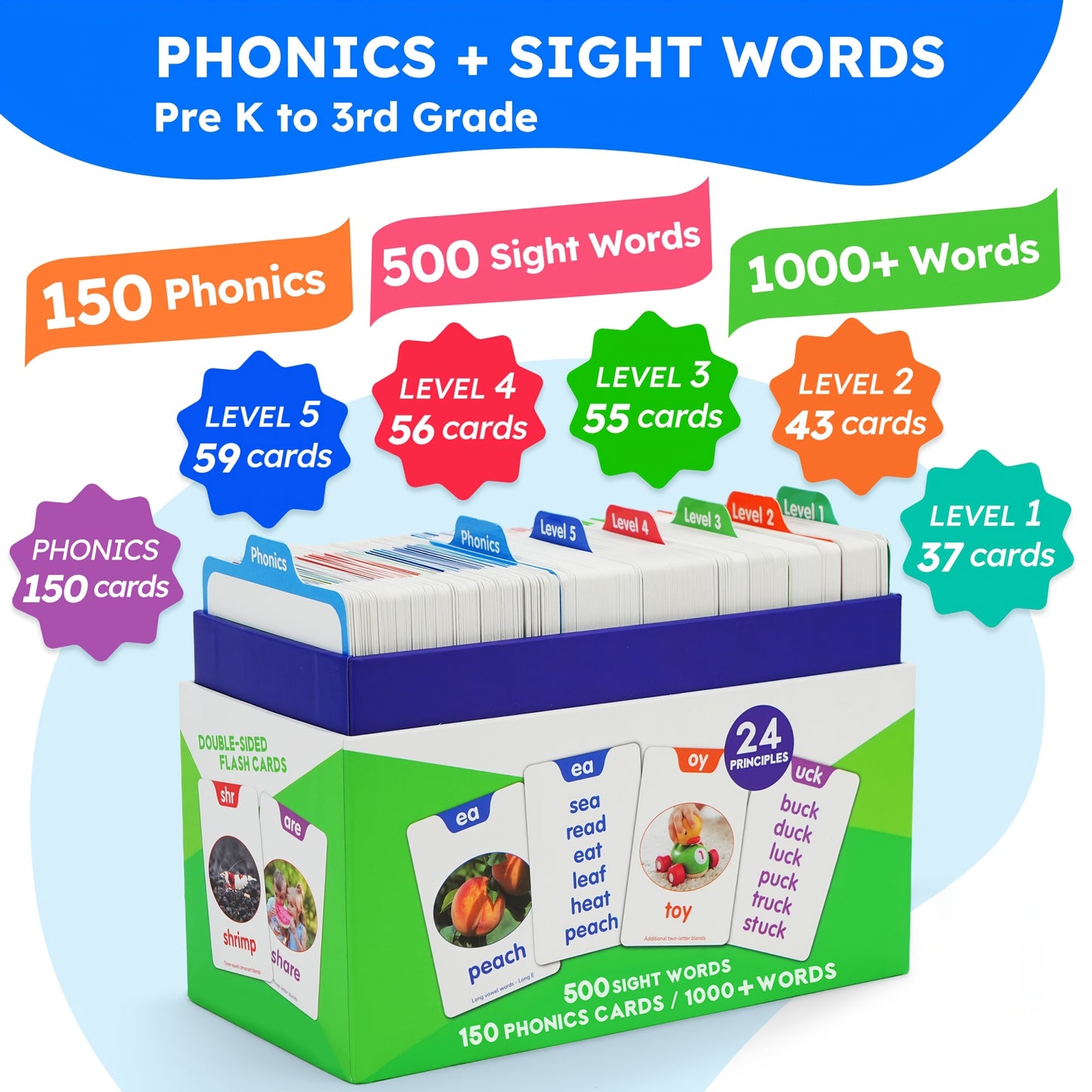 BenBen 500 Sight Words & 150 Phonics Flash Cards/1000+ Words, Learn to Read CVC, Blends, Long Vowel Words Sounds, Dolch & Fry High Frequency Sight Words for Pre - Primer Kindergarten 1st 2nd 3rd Grade Kids Ages 3-9, 24 Phonic