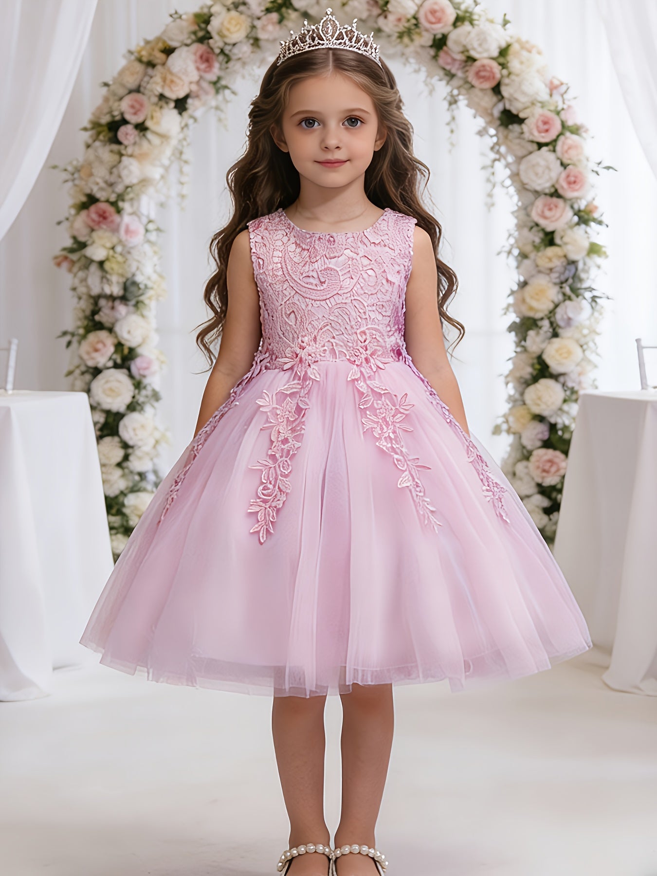 Girls Lace Embroidered Dress With Bow Waist And Mesh Skirt