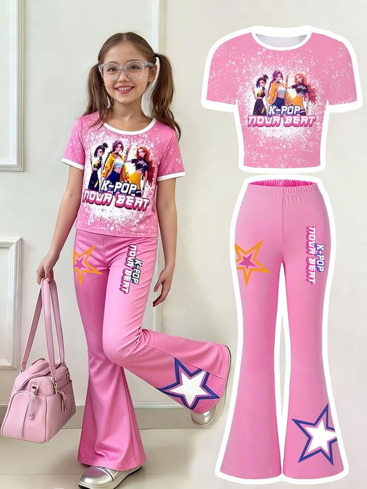 Girls Cartoon Print T Shirt And Slim Flared Pants Set