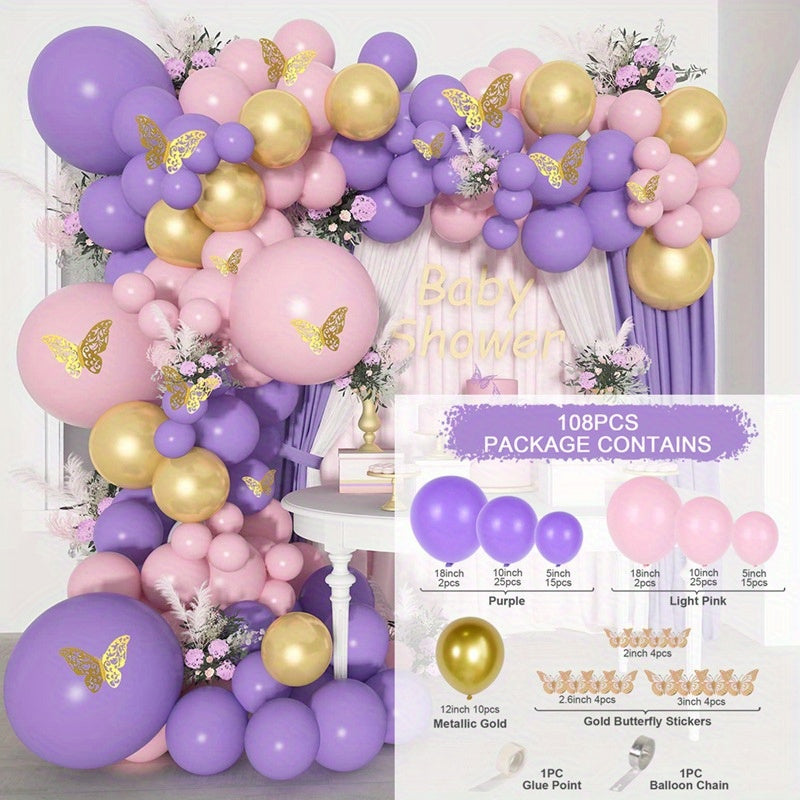 137 Piece Butterfly Series Purple Birthday Balloon Garland Set With Golden White Balloons And Happy Birthday Sign