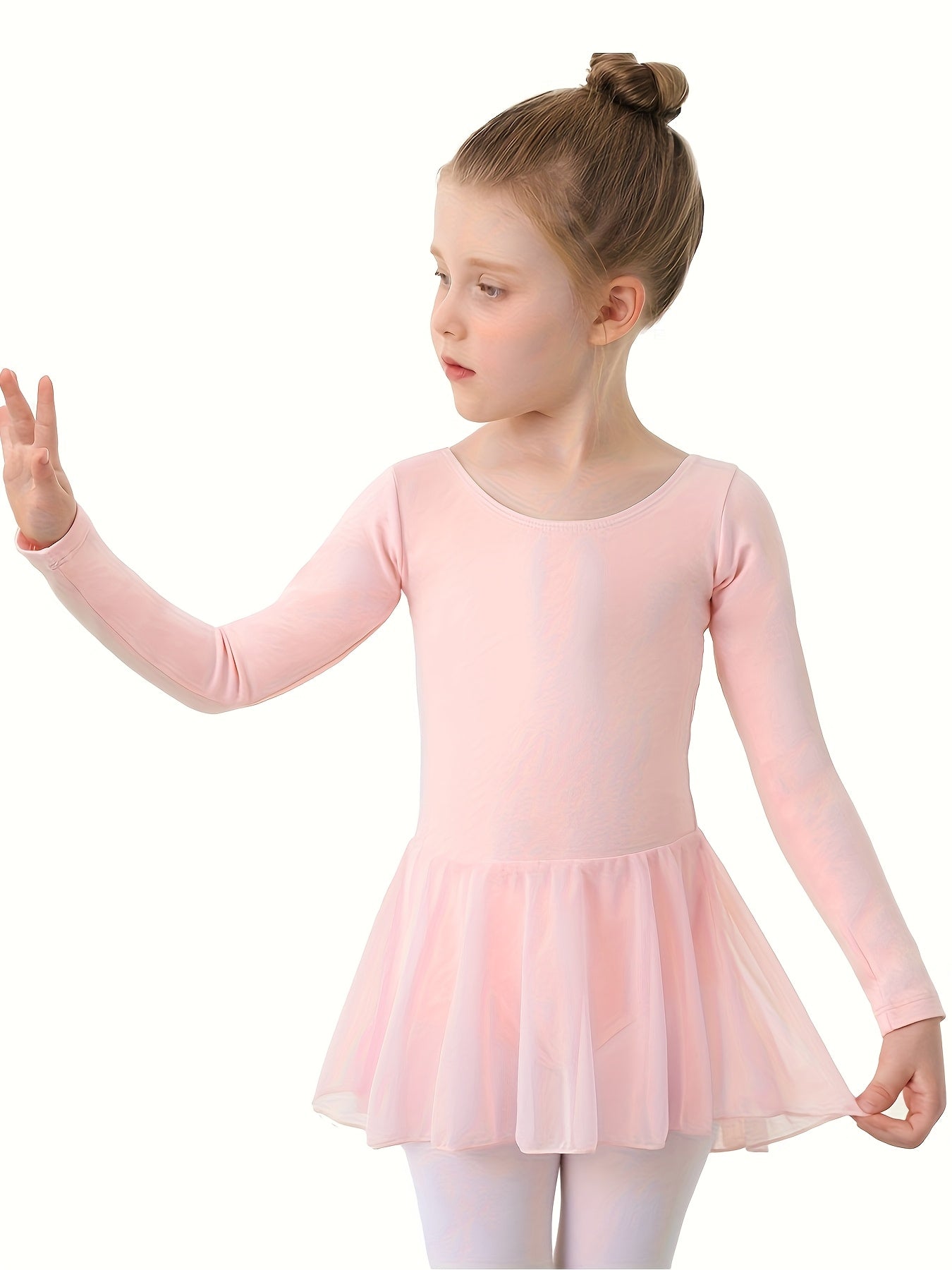 Christmas Gift Girls' Dance Dress - Long Sleeve Basic One-Piece Mesh Dress With High-Low Hem, Kids' Ballet Leotard Training Wear For Dance, Sports, Outdoor
