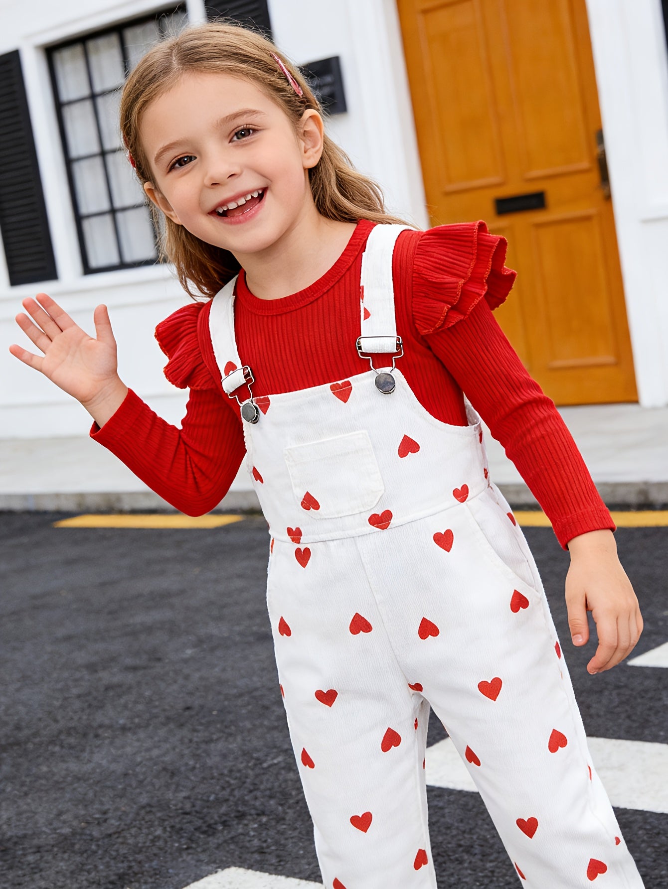 Sweet Style Heart Print Two Piece Girls Valentine Day Outfit
