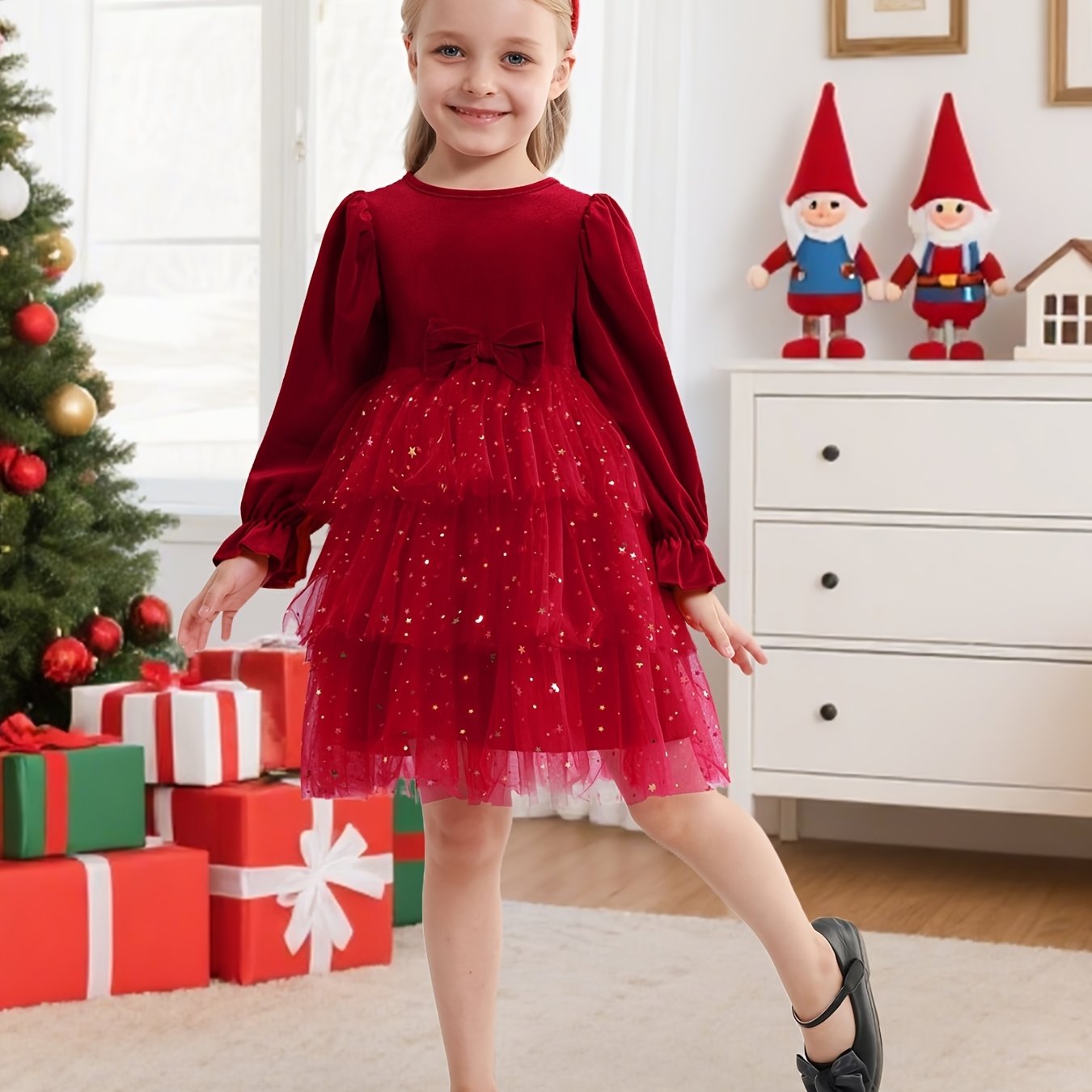 2-7Y Girls Sparkling Sequin & Tulle Tutu Princess Party Dress with Ruffled Sleeves & Layered Skirt - A-Line Knee-Length Winter Dress for Christmas, Birthday, Wedding, Halloween - Shimmering Holiday Outfit with Belt (No Paddin