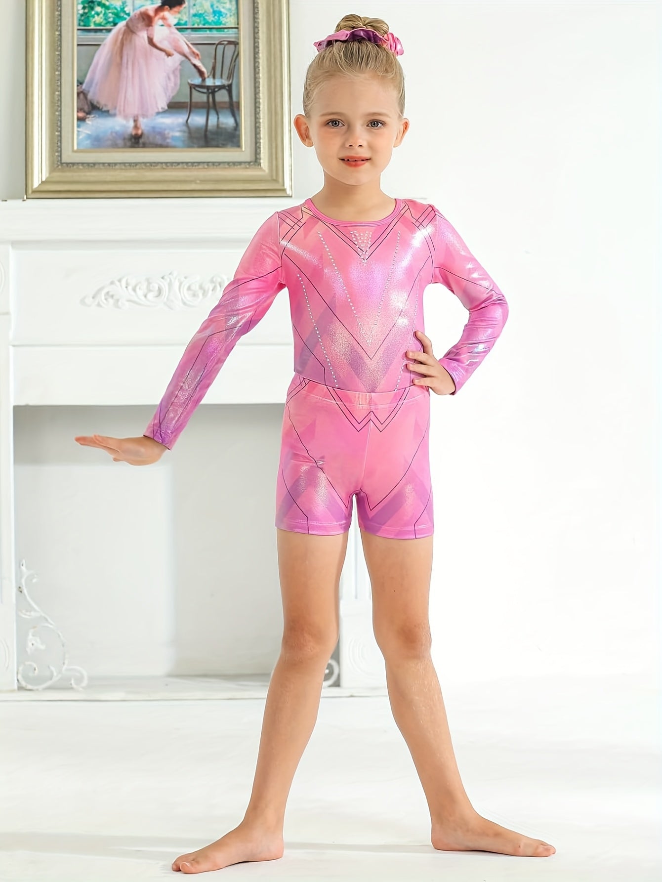 Girls' Long Sleeve Gymnastics Bodysuit with Geometric Pattern - Breathable, Washable, Stretchy Workout Outfit for Christmas, Football Parties & Sports Events, Christmas Sports Attire, Sleek Sporty Design, Stretchy Fabric