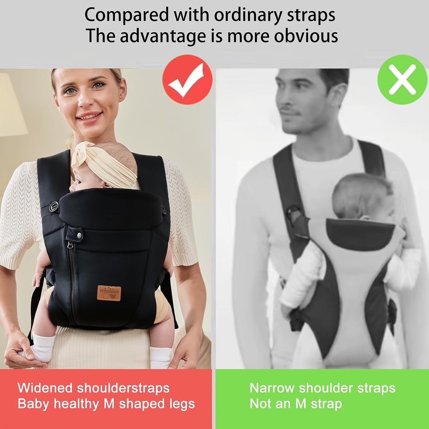 VRBABIES Ergonomic Baby Carrier With Adjustable Waist Belt Buckles
