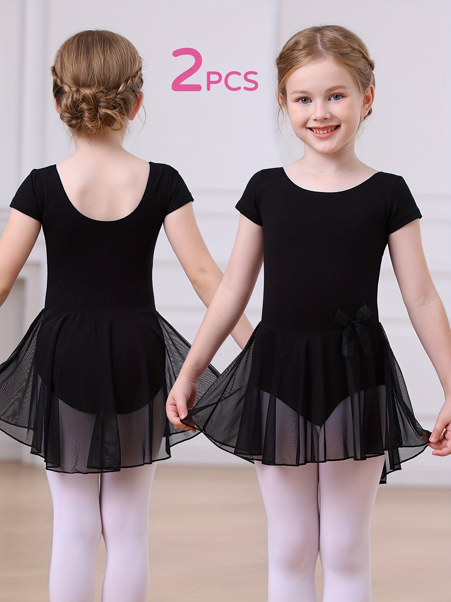 2pcs Girls Ballet Tutu Dress Set - Classic Style, Stretchy Leotard with Detachable Tulle Skirt, Ruffled Bow Trim - Perfect Christmas Gift, Perfect for Outdoor