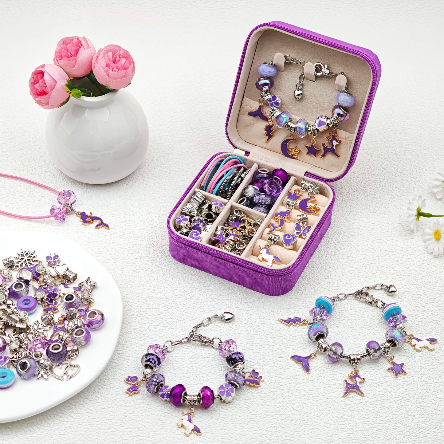 68 Piece Violet Beaded Bracelet Making Kit With Purple Jewelry Box And Gift Bag For Jewelry Crafts Keychains, Earrings