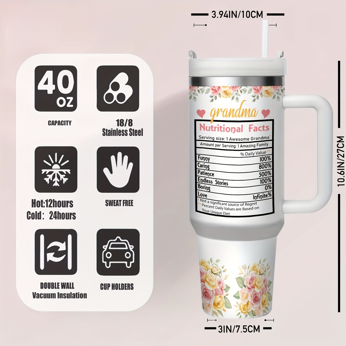 1pc 40 OZ Insulated Stainless Steel Tumbler - Keeps Drinks Cold For 24 H- Hot For 12 H -Durable, Portable & Stylish | Perfect For Home, Office -Everyday Use - Thoughtful Gift For Mama, Grandma, Aunt, Sister, Girlfriend - Wife