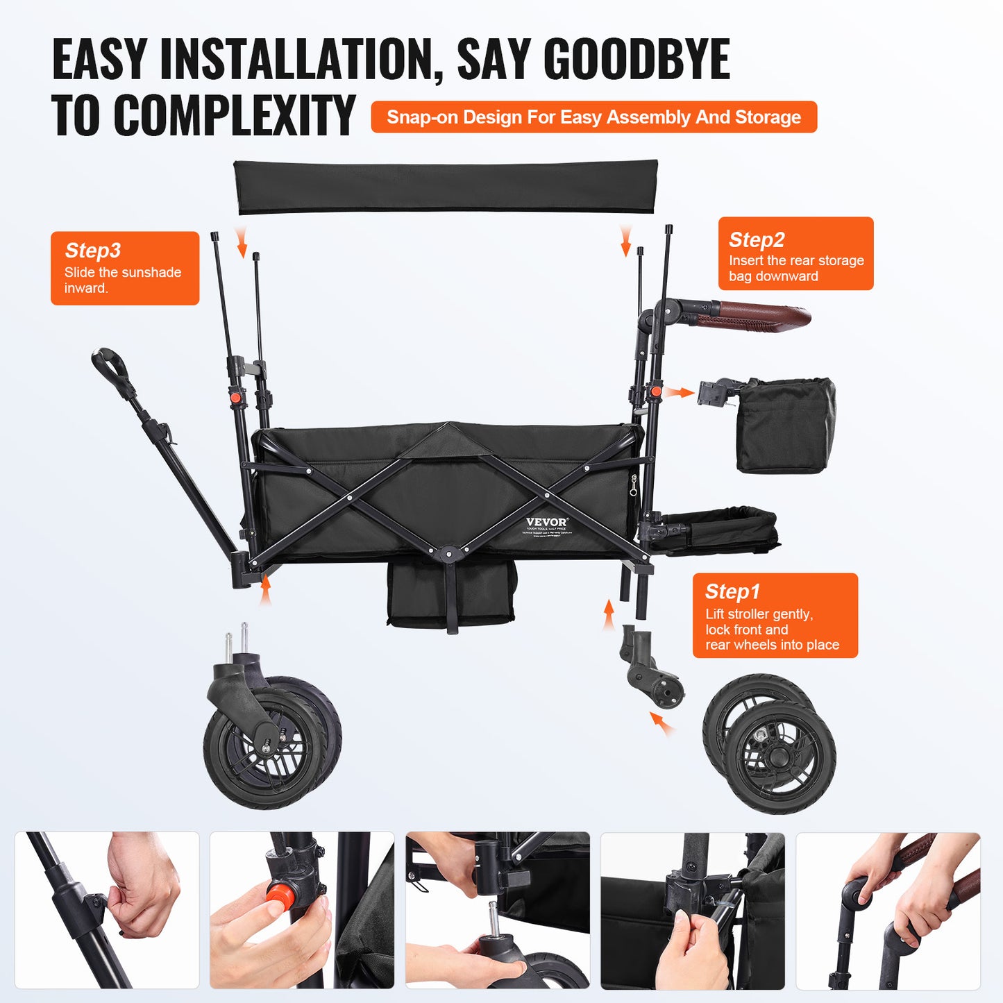 VEVOR Tandem Stroller For 2 Kids Adjustable Handle Canopy