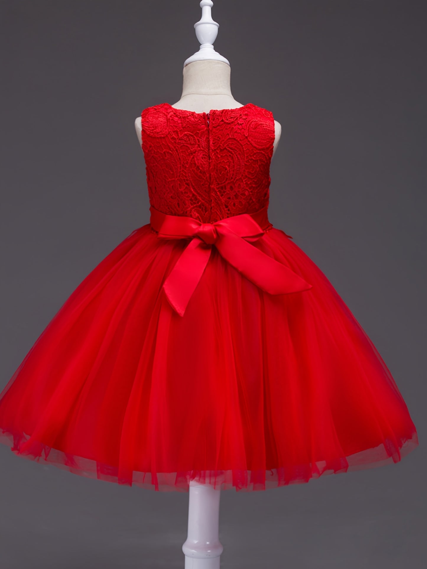 Girls Lace Embroidered Dress With Bow Waist And Mesh Skirt