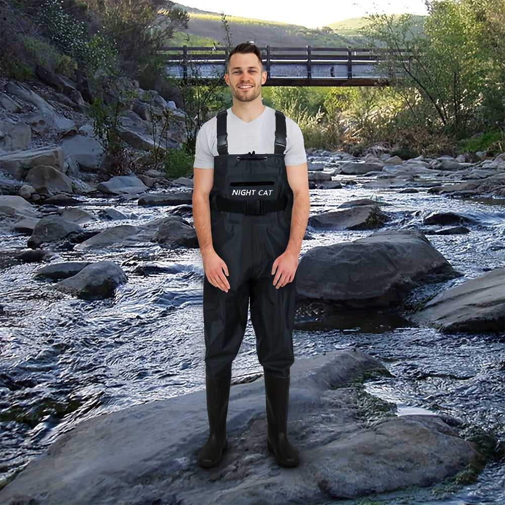 Unisex Nylon Fishing Waders for Men And Women, Featuring PVC Boots, an Adjustable Waist Belt, And a Lightweight, Breathable Design. Available in Black, Sizes 6.5 to 13.