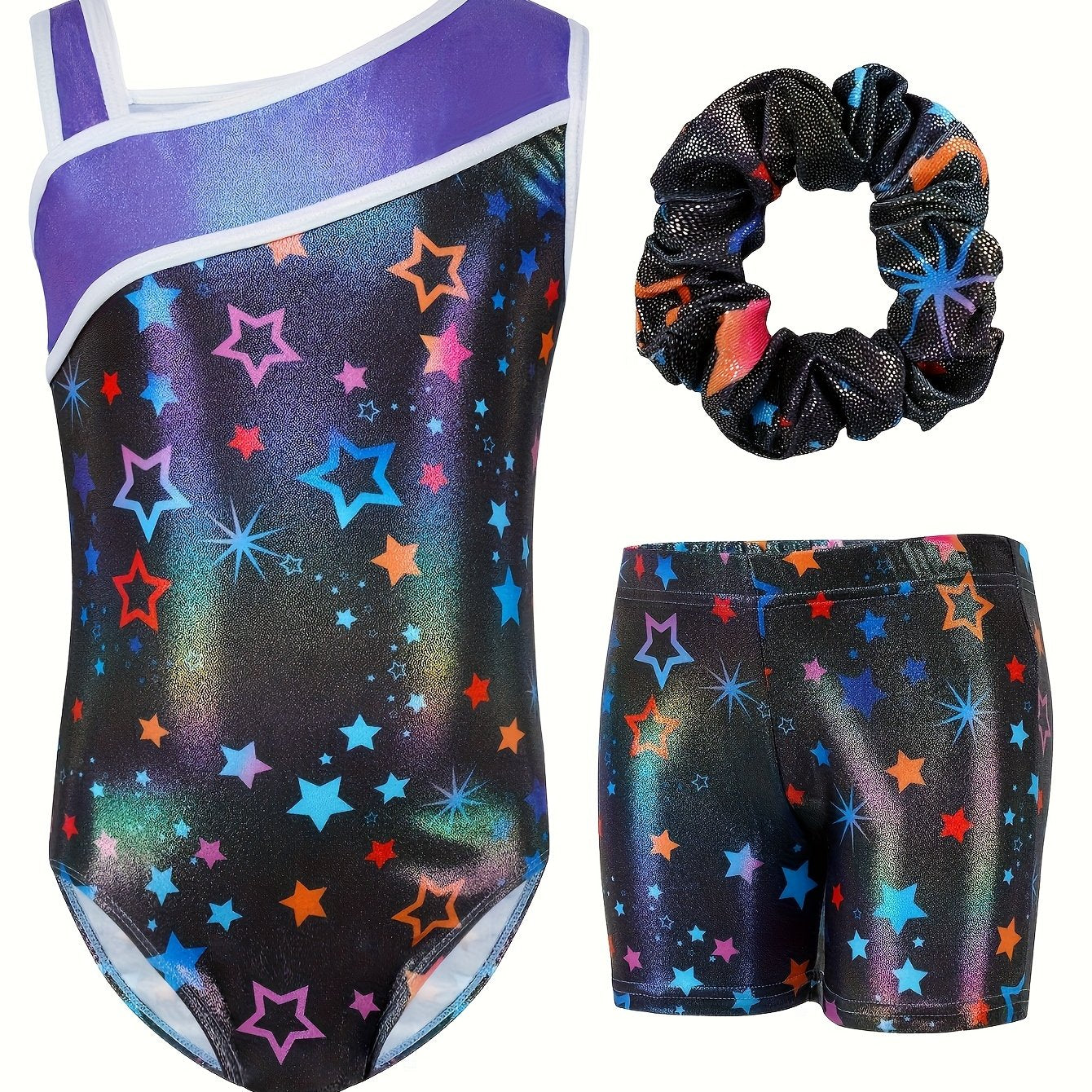 3pcs Gymnastics Leotards for Girls, Youngsters Sleeveless Y-neck Glitter Stars Dance Unitards Biketards with Shorts + Hair Scrunchies Purple, Cute Gymnastics Outfits for Girl, for Outdoor, Perfect for Outdoor