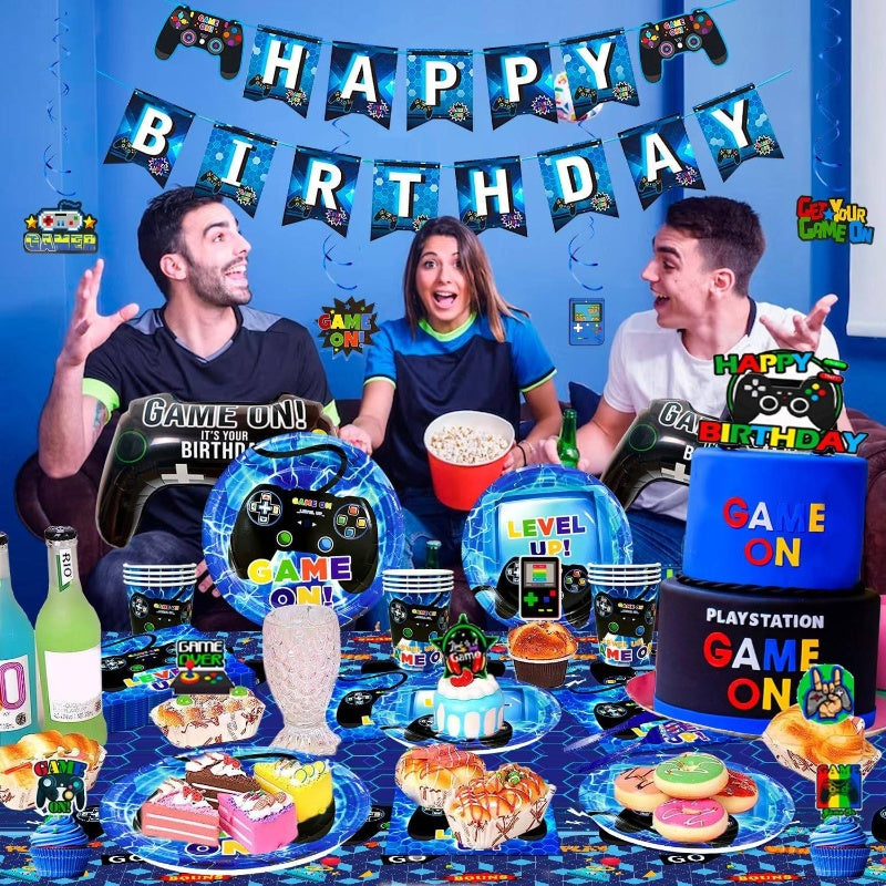 185pcs Gaming Birthday Party Decoration Set with Controller Balloons, Tablecloths, Plates & Cups - Multi-Game Themed Party Supplies for &, No Electricity Needed, Easy Setup with Numbered Level Up Decorations, Happy Birthday B