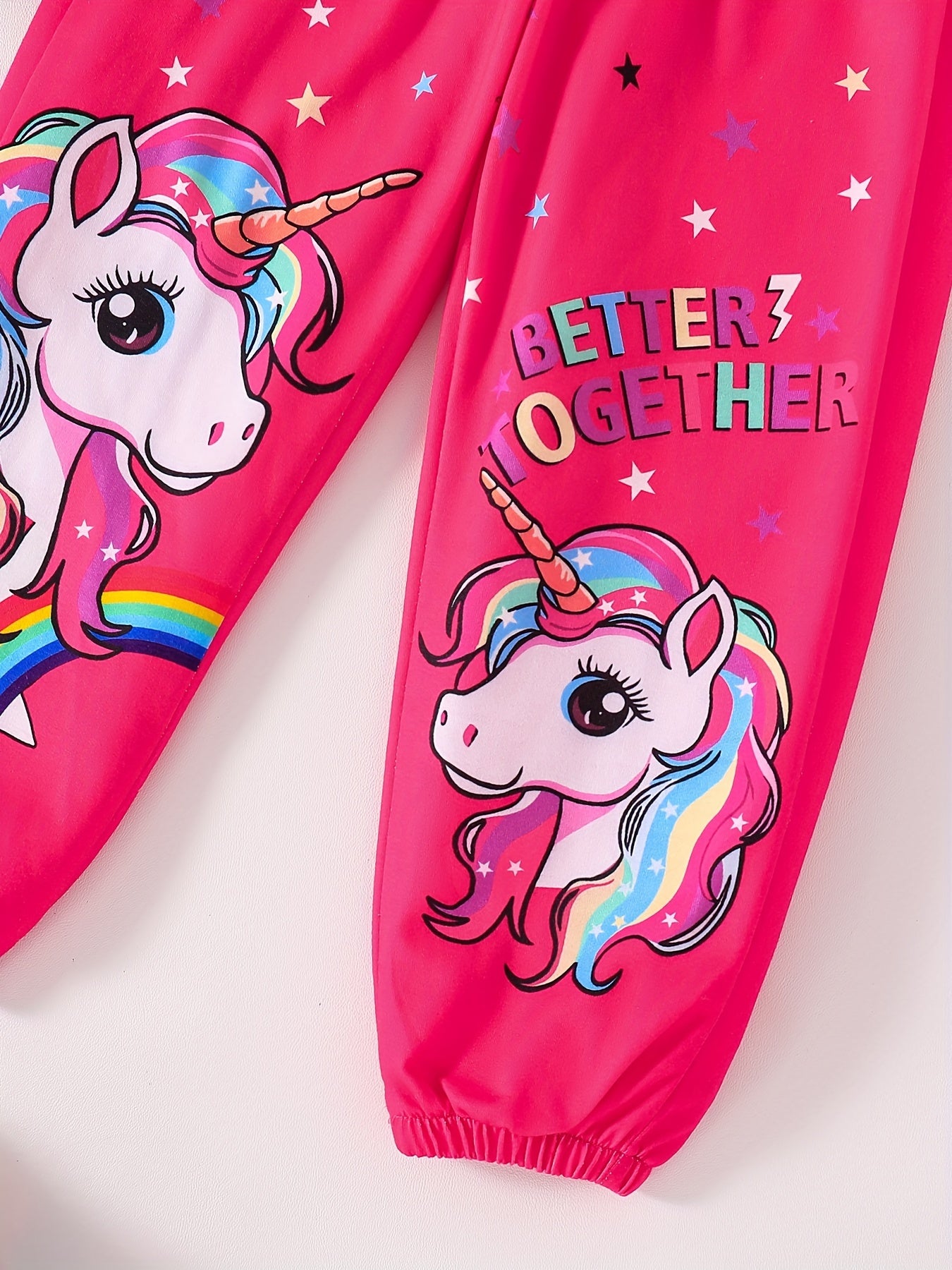[Soft Girls' Two-Piece Set] Comfortable & Soft Two-Piece Set for Girls | Long-Sleeve Rainbow Horse & Star Print Sweatshirt with Elastic Waist Jogger Pants - Fashionable Activewear for Sweet Street Style & Outdoor Casual Wear