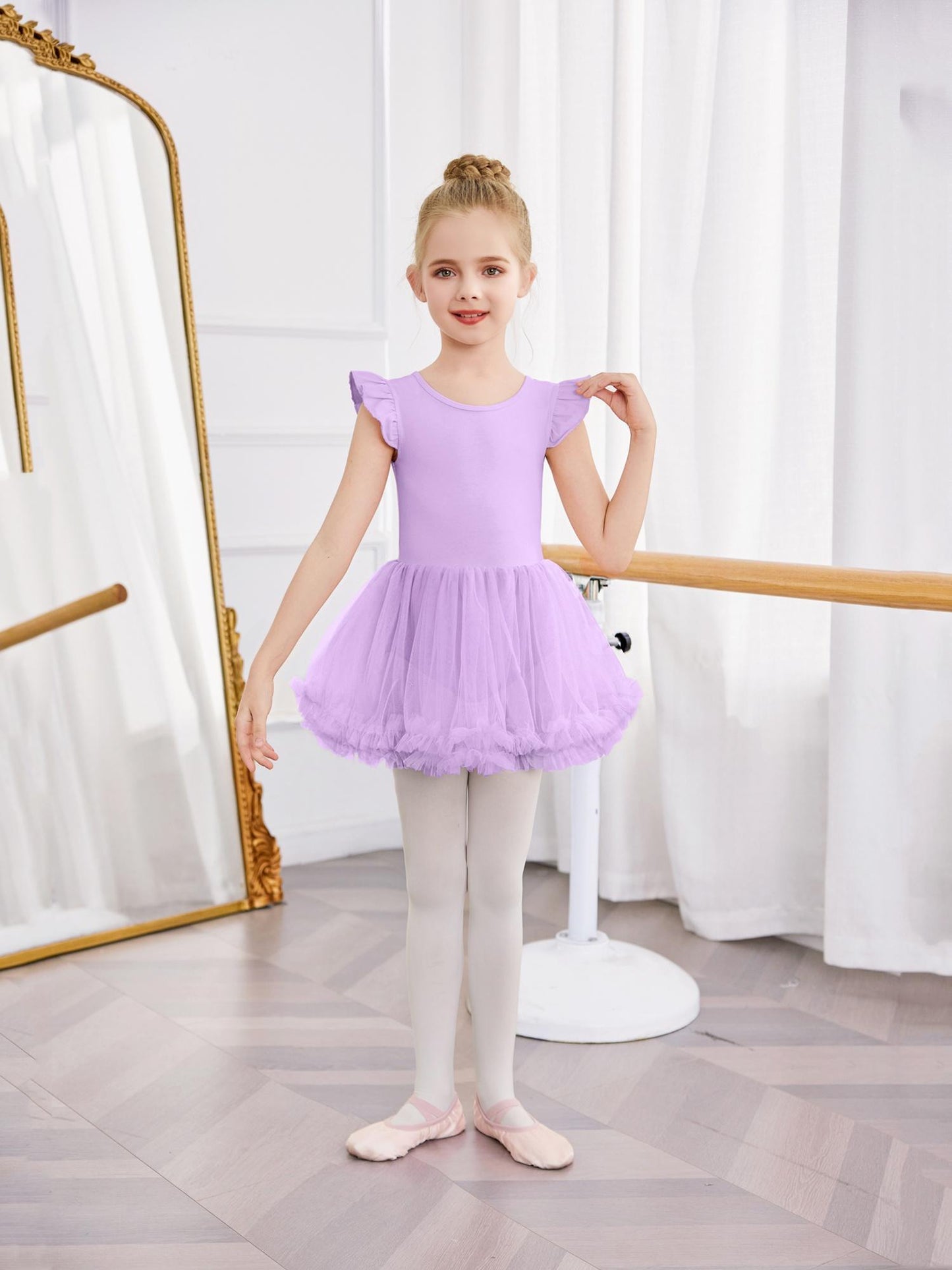 Girls' Ballet Tutu Dance Dress with Cross-Back Design & Ruffled Sleeves - White A-Line Leotard for Ballet, Gymnastics, Recitals - All-Season Comfort, Round Neck, Solid Color, Ballet Dress, Gymnastics Attire, Elegant Dancewear
