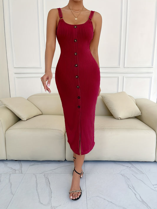 Women's Vintage Wine Red Ribbed Dress - Button-Front Slit Bodycon Midi Pencil Dress, Round Neck Short step for Date Night, Party Wedding Guest, Spring Summer Elegant Outfits (Machine Washable)