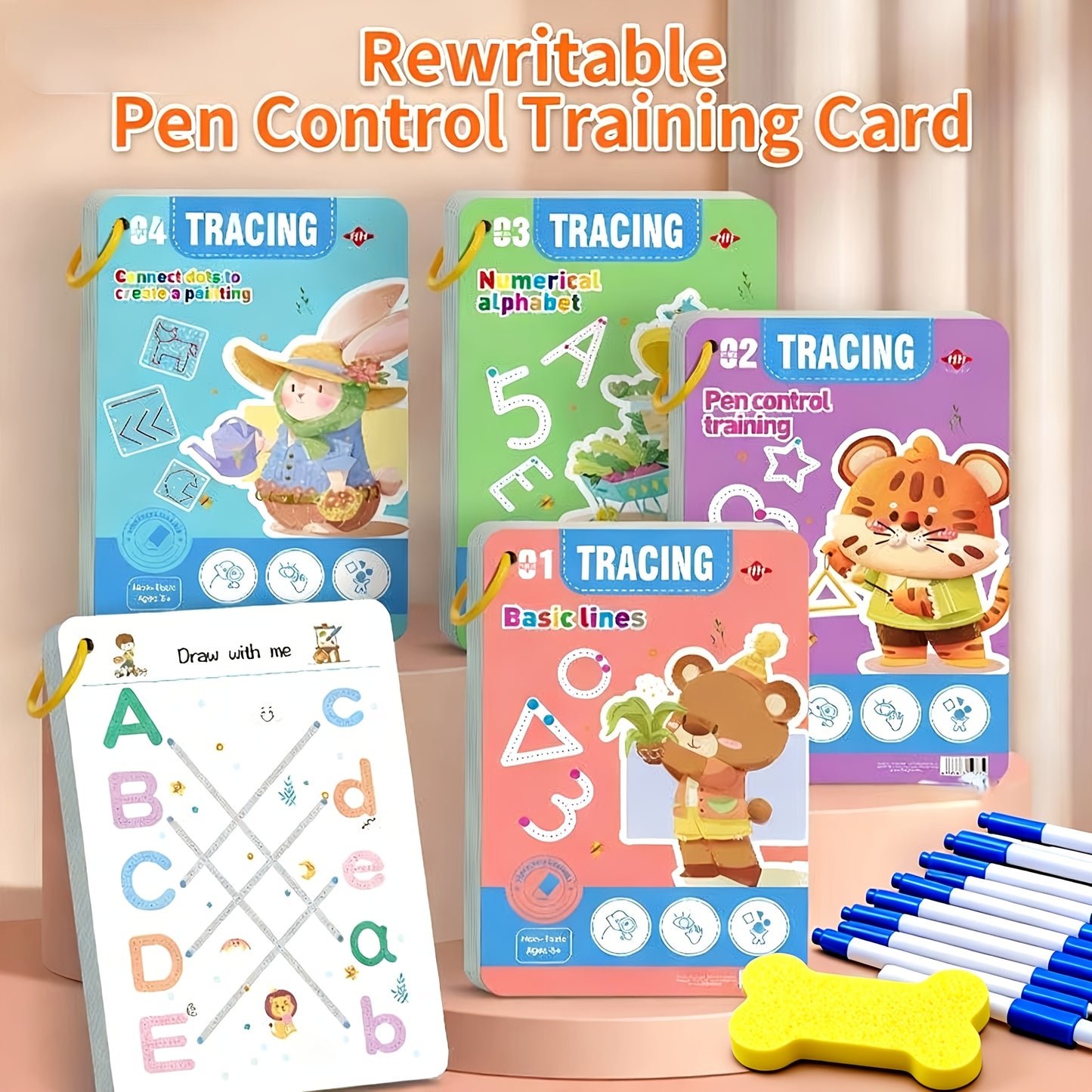 Rewritable Pen Control Training Books for Ages 3-6, 4-in-1 Toddler Writing, 128pages Inclued 10 Pens, Reusable Educational Activity Book with Erasable Function, Rewritable Training Set Preschool, Educational Gift, Birthday Pr