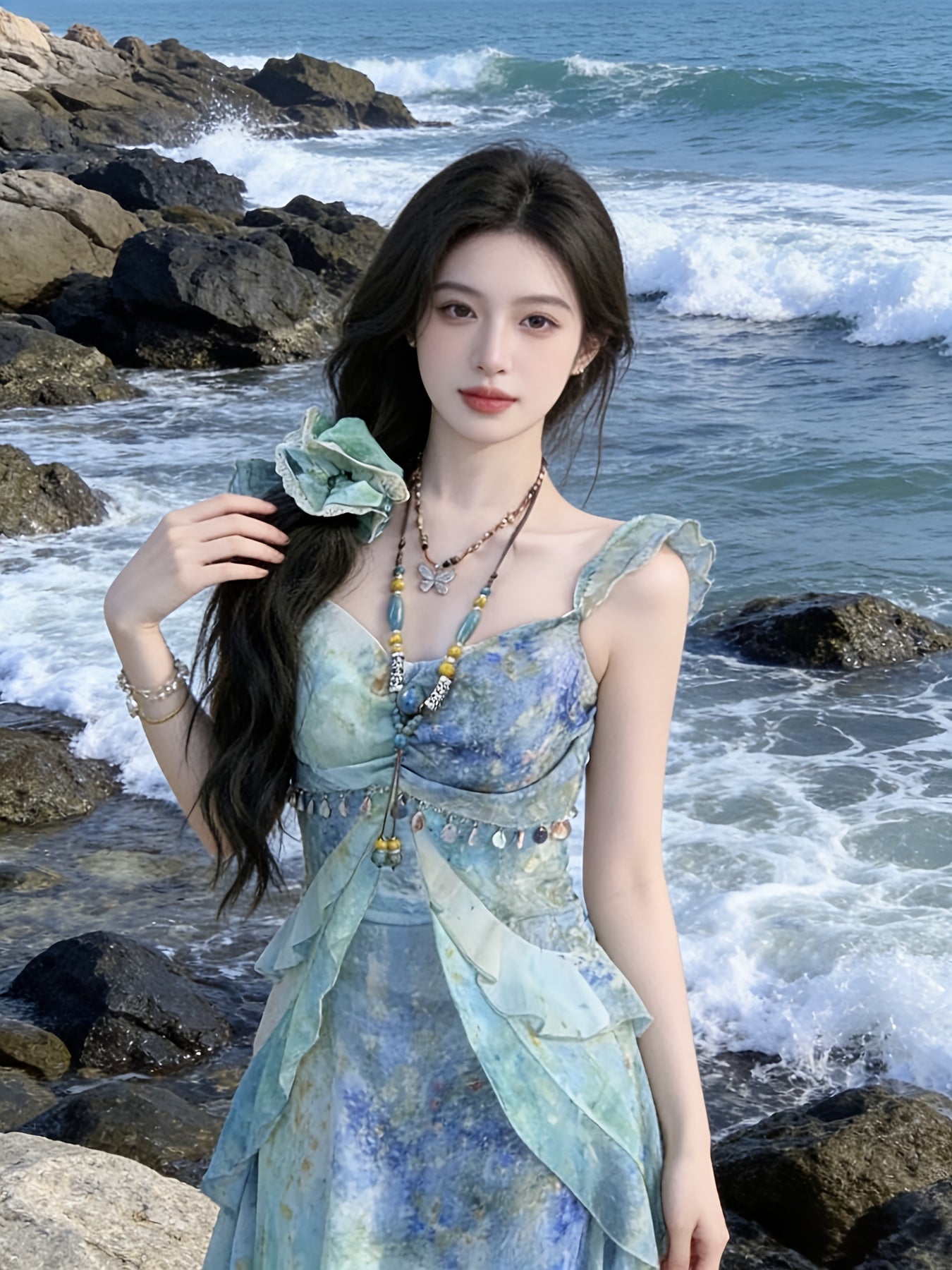 Vacation Style Tie-Dye Chiffon New Camisole Elegant Dress for Women, Printed Slim-Fit Fairy Maxi Dress, Stunning Photo-Ready Dress, Perfect Gift Choice