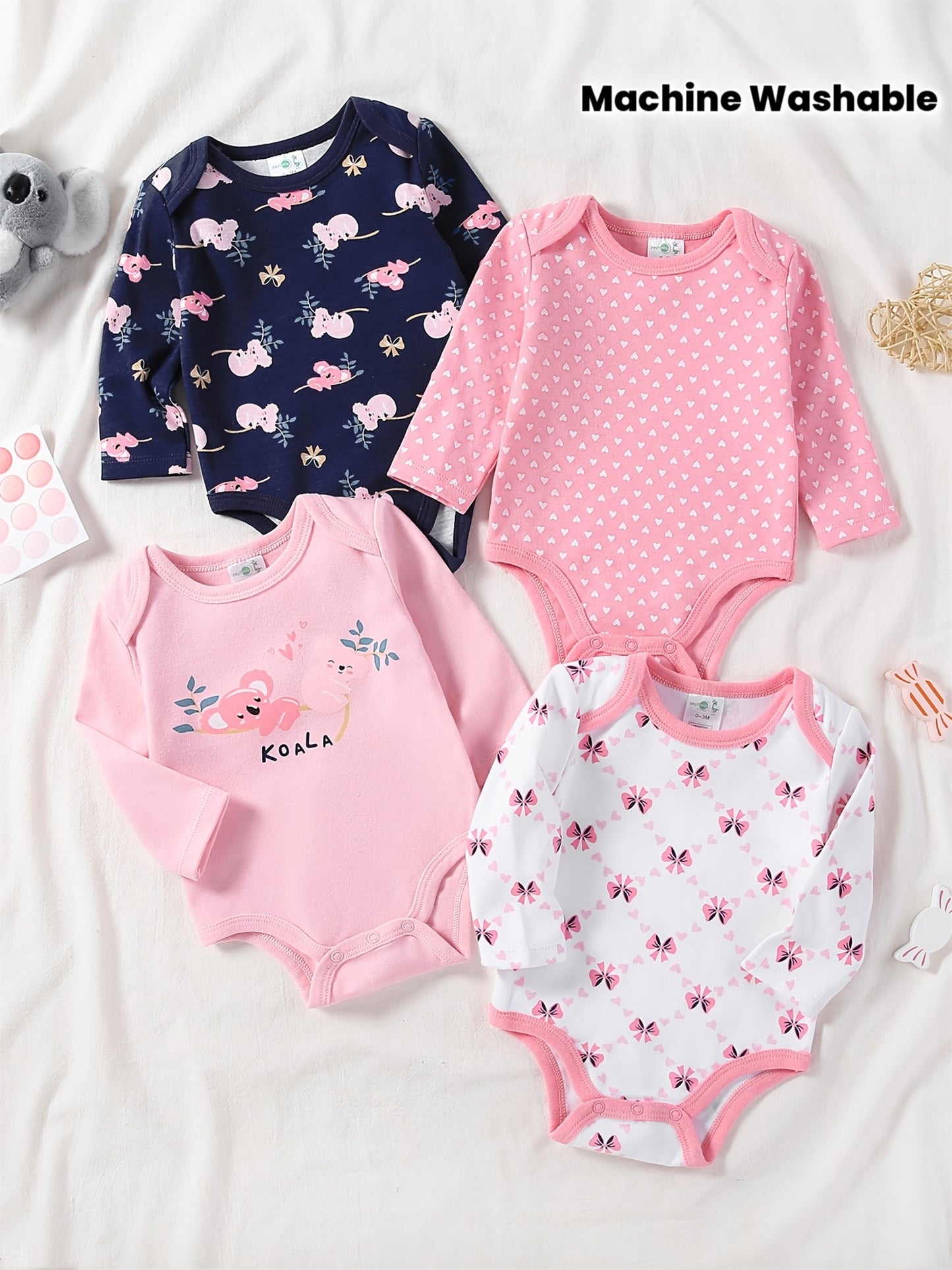 4pcs Set Baby Girl First Year Outfits - Cute Koala & & Ladybug & Flamingo Rompers, Long Sleeve Snap-Fit Jumpsuits, All-Season Clothes (0-12 Months), Machine Washable Wear, Perfect for Outdoor