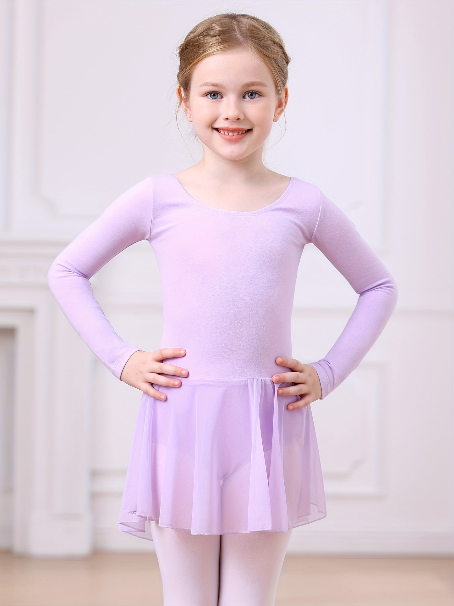 Christmas Gift Girls' Dance Dress - Long Sleeve Basic One-Piece Mesh Dress With High-Low Hem, Kids' Ballet Leotard Training Wear For Dance, Sports, Outdoor