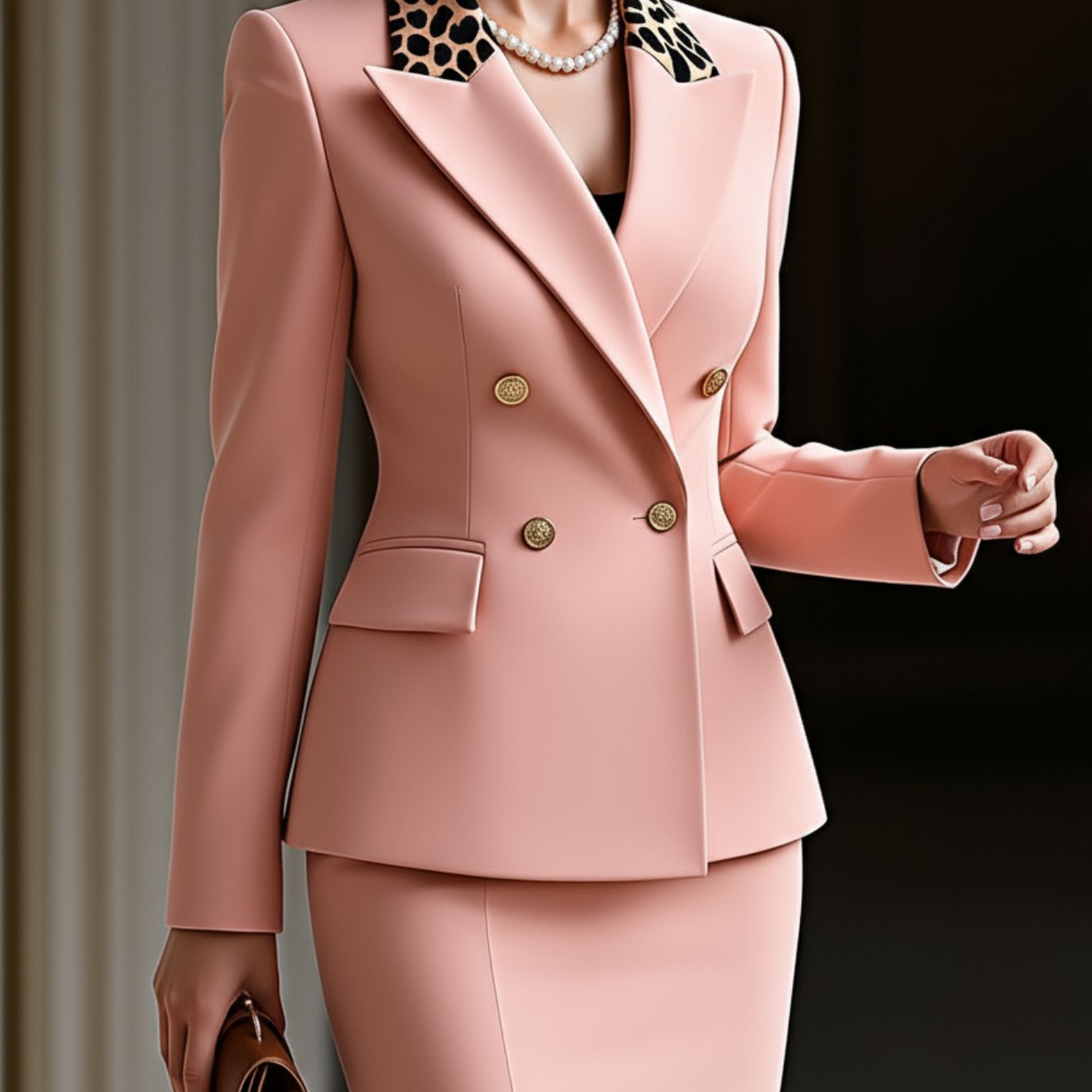 2 Pieces Pink Leopard Print Collar Blazer And Pencil Skirt Suit For Women Party Ready Office Wear For Fall And Winter