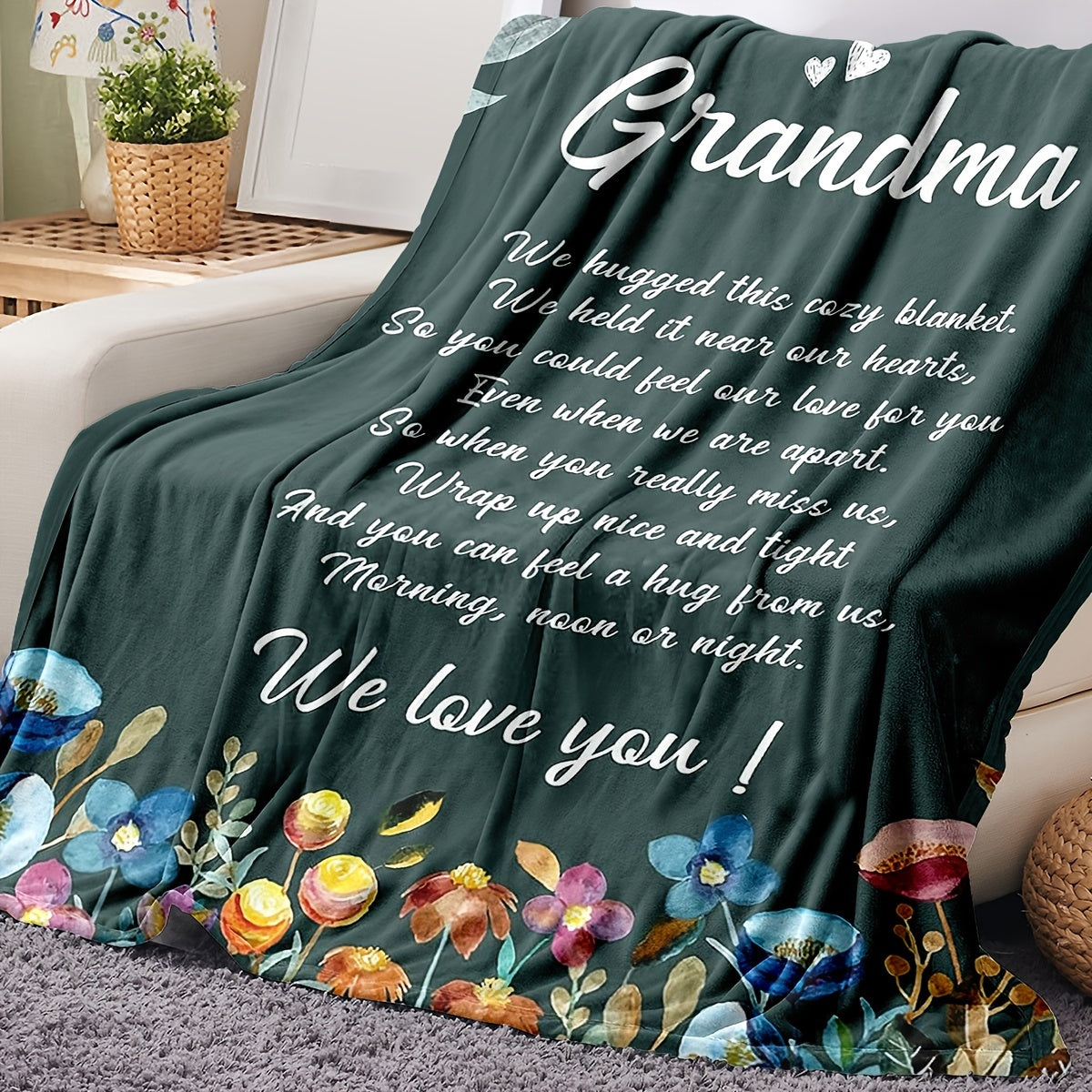 1pc Grandma Gift Blanket - Soft All-Season 30s Yarn Throw with Heartfelt "Grandma" Lettering & Floral Design, Golden Lettering on Dark Green - Sentimental Keepsake for Mother'S Day, Birthday, Christmas - Cozy Bedspread or Cou