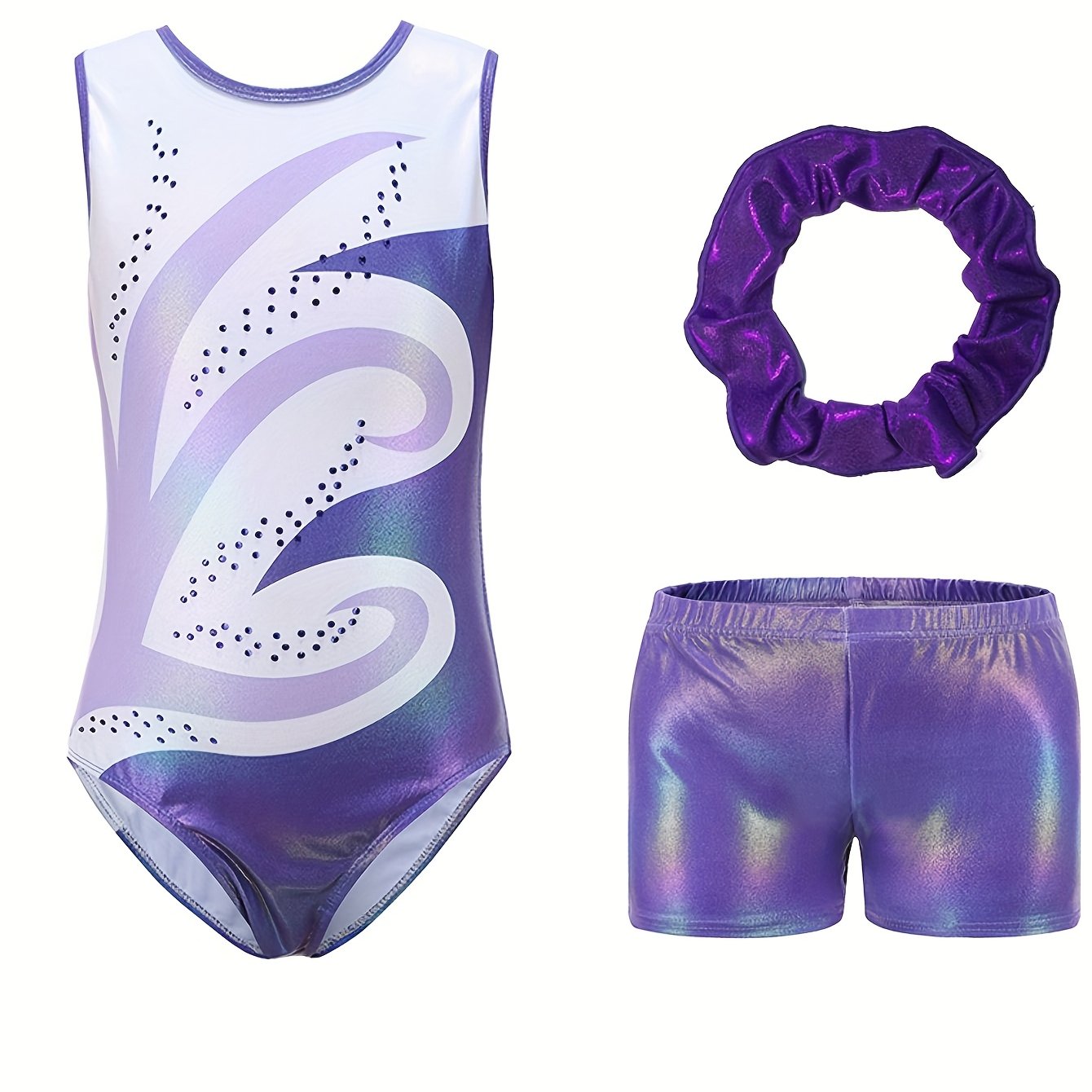 Girls' Sleeveless Gymnastics Leotard with Sparkling Blue & Purple Swirl Design + Light Blue Shorts & Hair Tie - Breathable Stretchy Fabric for Dance, Gymnastics, Christmas Parties, Gymnastics Attire, Sleek Fitted Design, Medi