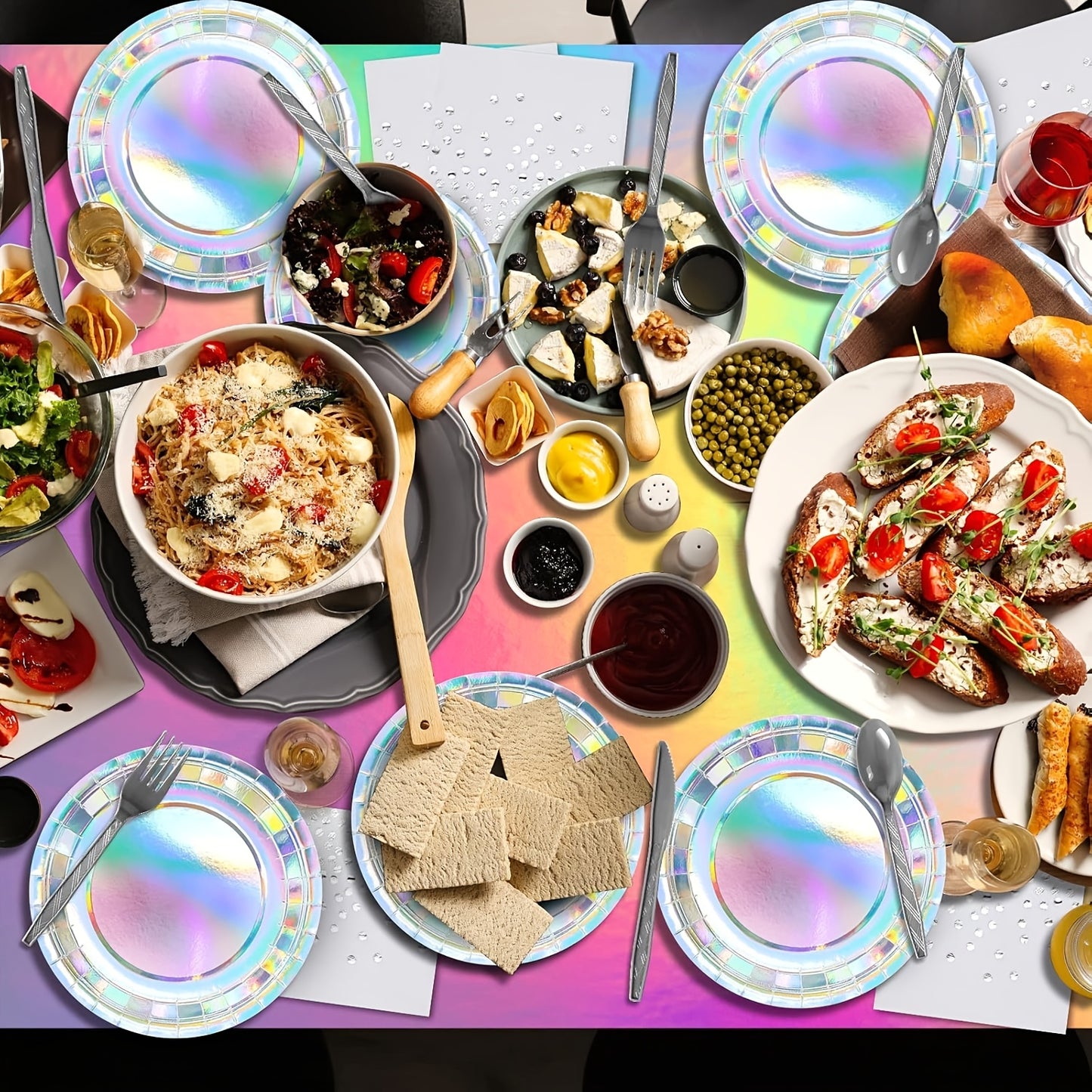 140 Pieces Holographic Iridescent Party Supplies Complete Set for 20 Guests Disposable Plates Cups Napkins Cutlery