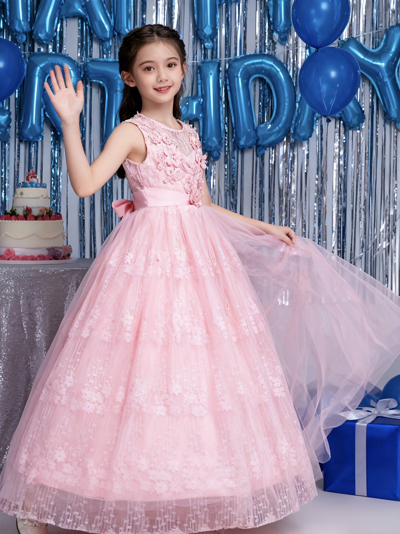 Girls Princess Gown Sleeveless 3D Lace Embroidery Maxi Dress