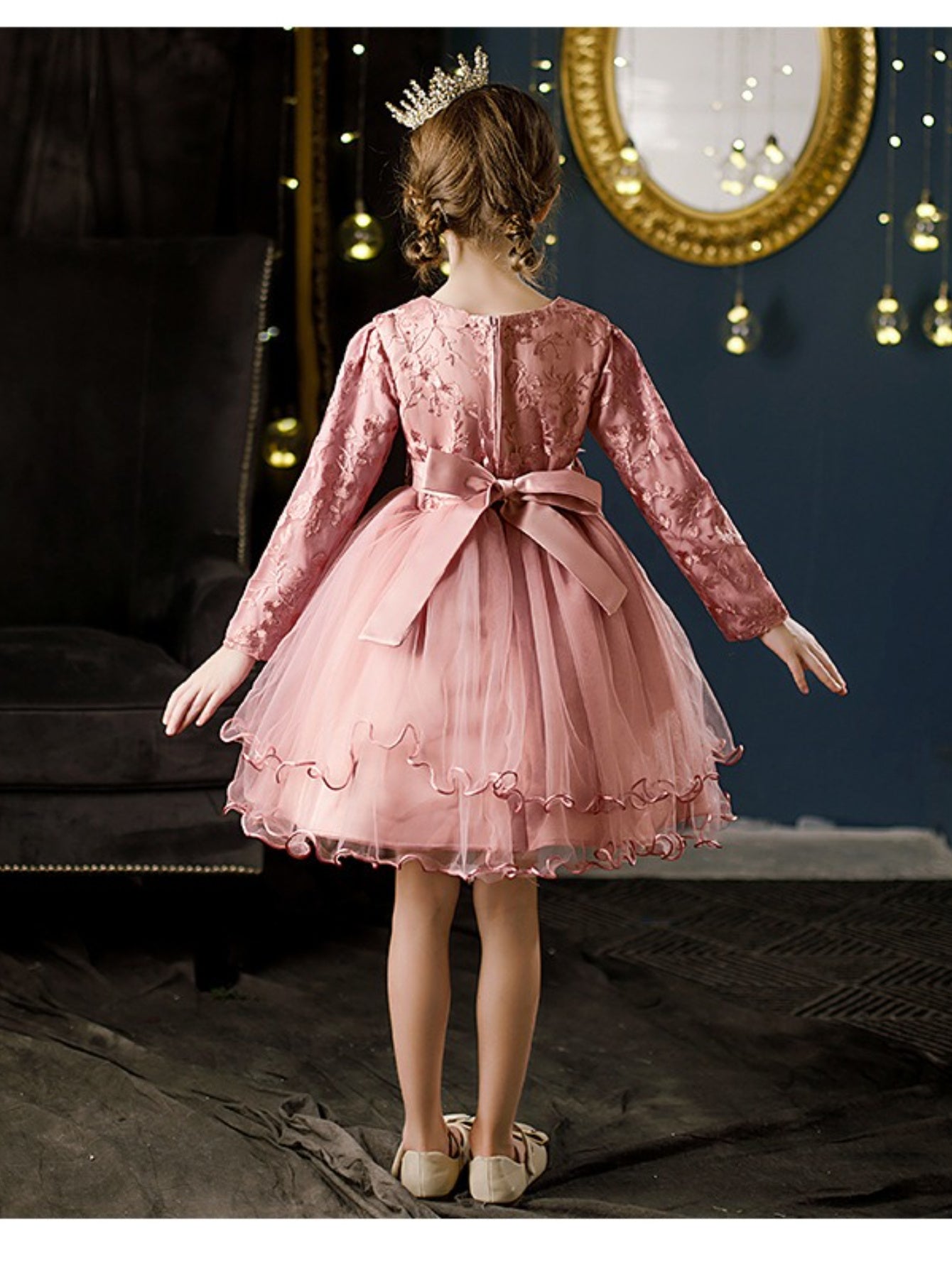 [Princess Style Girls' Dress] Emerald Green Princess Style Lace Long Sleeve Girls' Dress | Floral Waist Tiered Skirt Party Dress for Special Occasions & Daily Wear