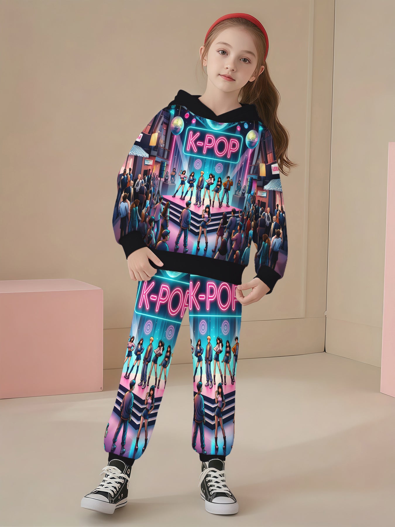 Girls 2pc K Pop Anime 3D Printed Hooded Sweater And Sweatsuit Set With Pockets Machine Washable Winter Wear