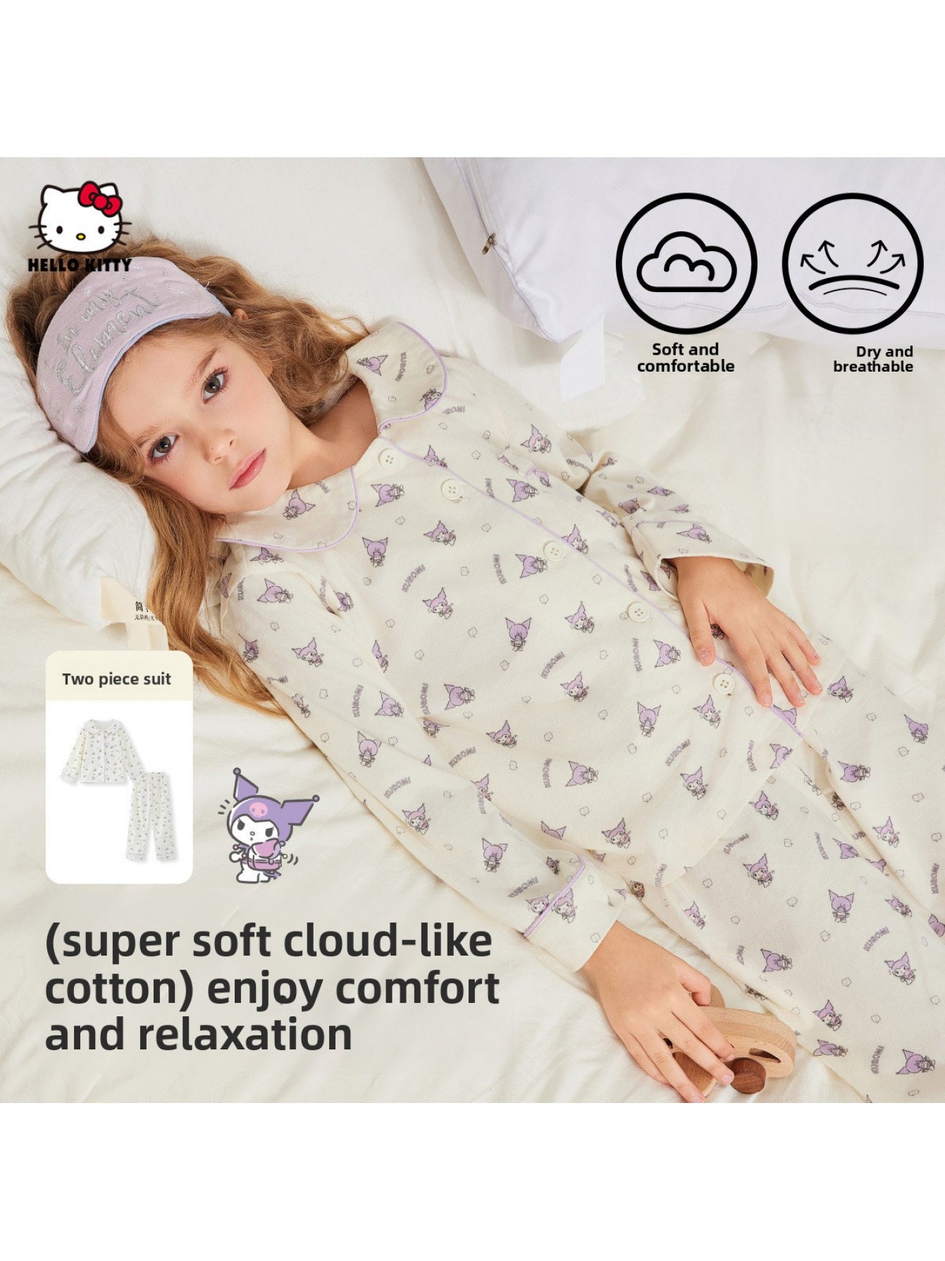 [Officially Licensed] 2pcs Sanrio Girls' Two-Piece Set - Cute Anime Character Print (Cinnamoroll/Tailor) All-Season Soft Light -Friendly Fabric, Loose-Fit Long Sleeve Top & Pants with Elastic Waist, Cozy Casual Outfit for Hom