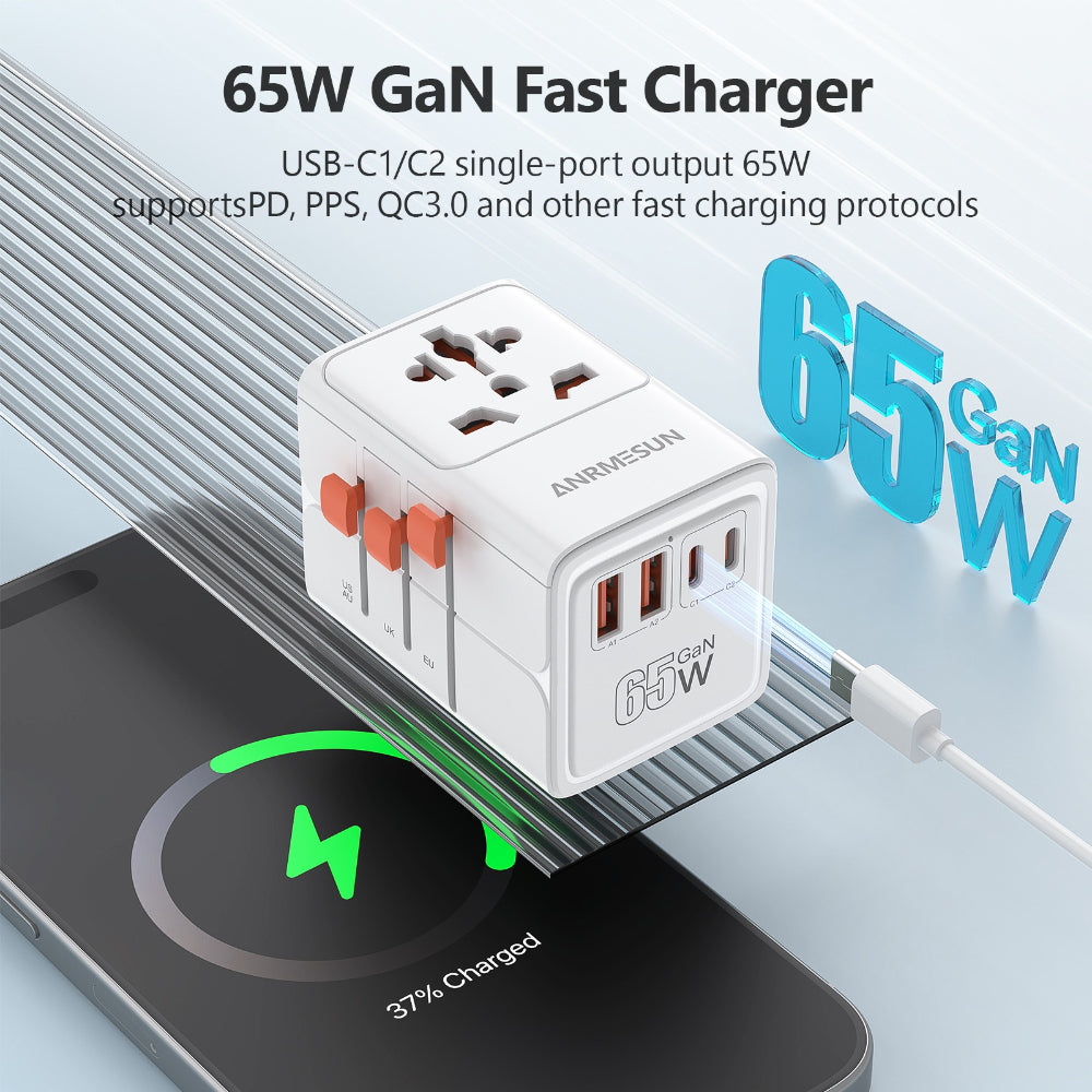 ANRMESUN 65W Travel Adapter with 4-Port USB Charger (2 USB-C) & Global Voltage 100-240V - Heavy Duty Power Adapter with US/EU/UK/AU Plugs, Compact Cube Design, Overload & Short Circuit Protection, Compatible with Europe, UK,