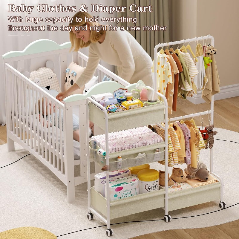 Two-in-One Diaper Caddy and Clothes Organizer Rolling Cart
