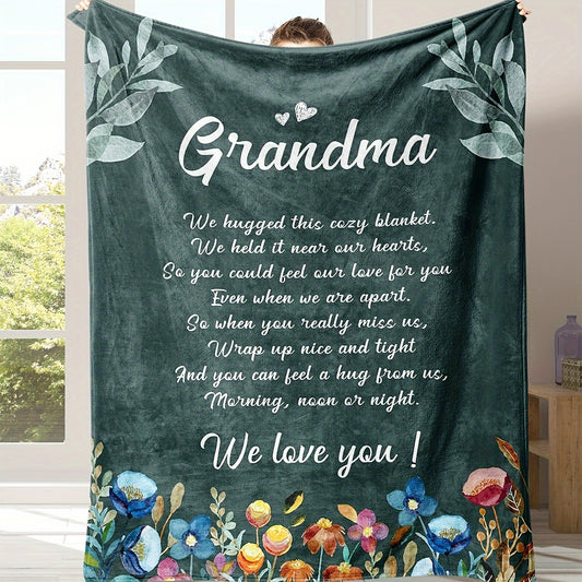1pc Grandma Gift Blanket - Soft All-Season 30s Yarn Throw with Heartfelt "Grandma" Lettering & Floral Design, Golden Lettering on Dark Green - Sentimental Keepsake for Mother'S Day, Birthday, Christmas - Cozy Bedspread or Cou