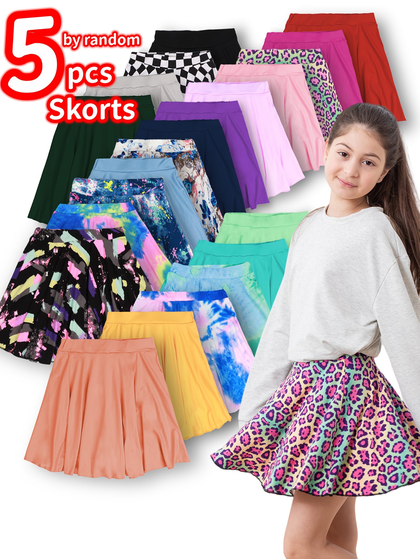 Random 5pcs Girls Skorts for School Back Leggings,  Dance Wear, Printed Design, Easy Care, Breathable Material, Multipack Skorts